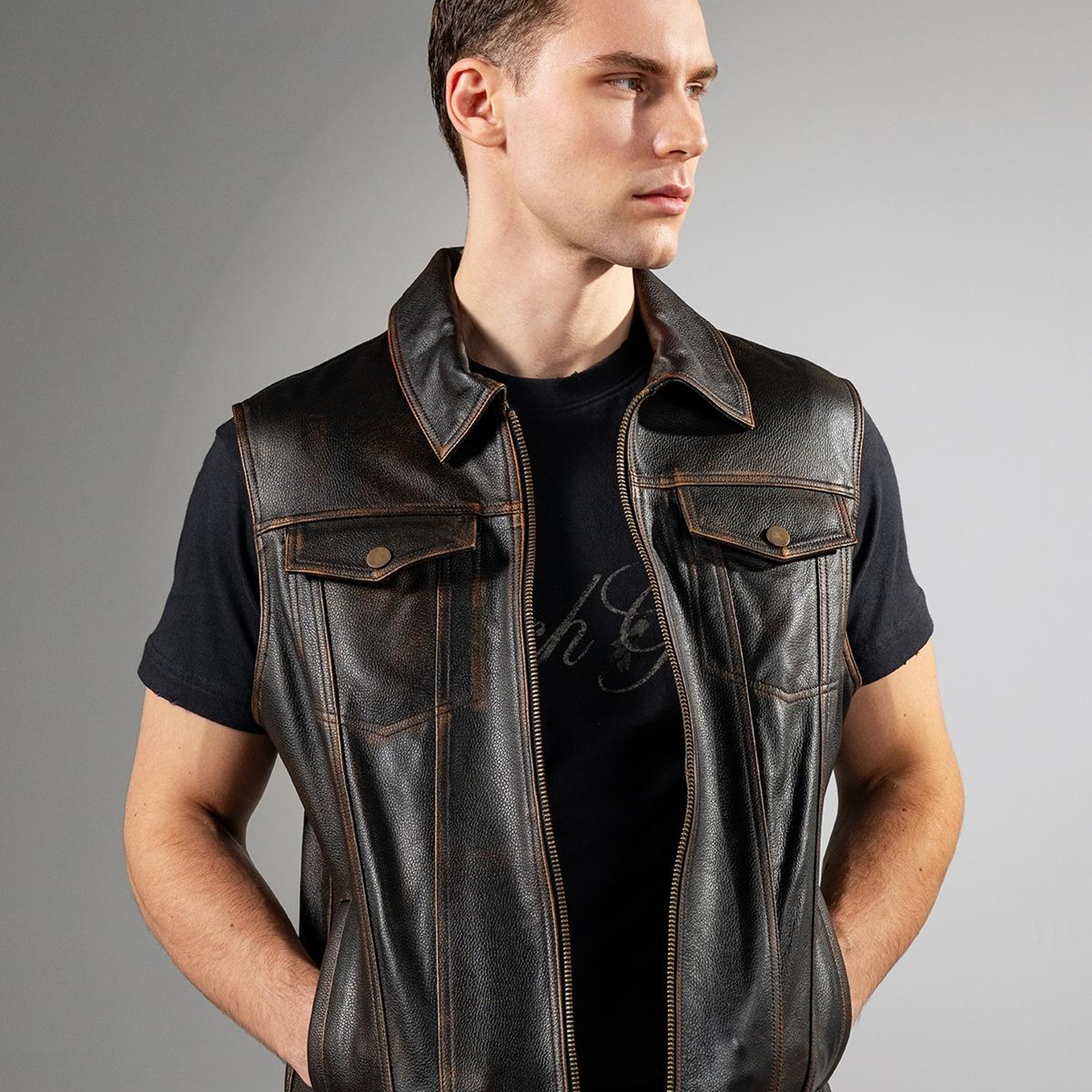 Valmenti Erkek Hakiki Deri Kızıl Eskitme Yelek Deri Mont