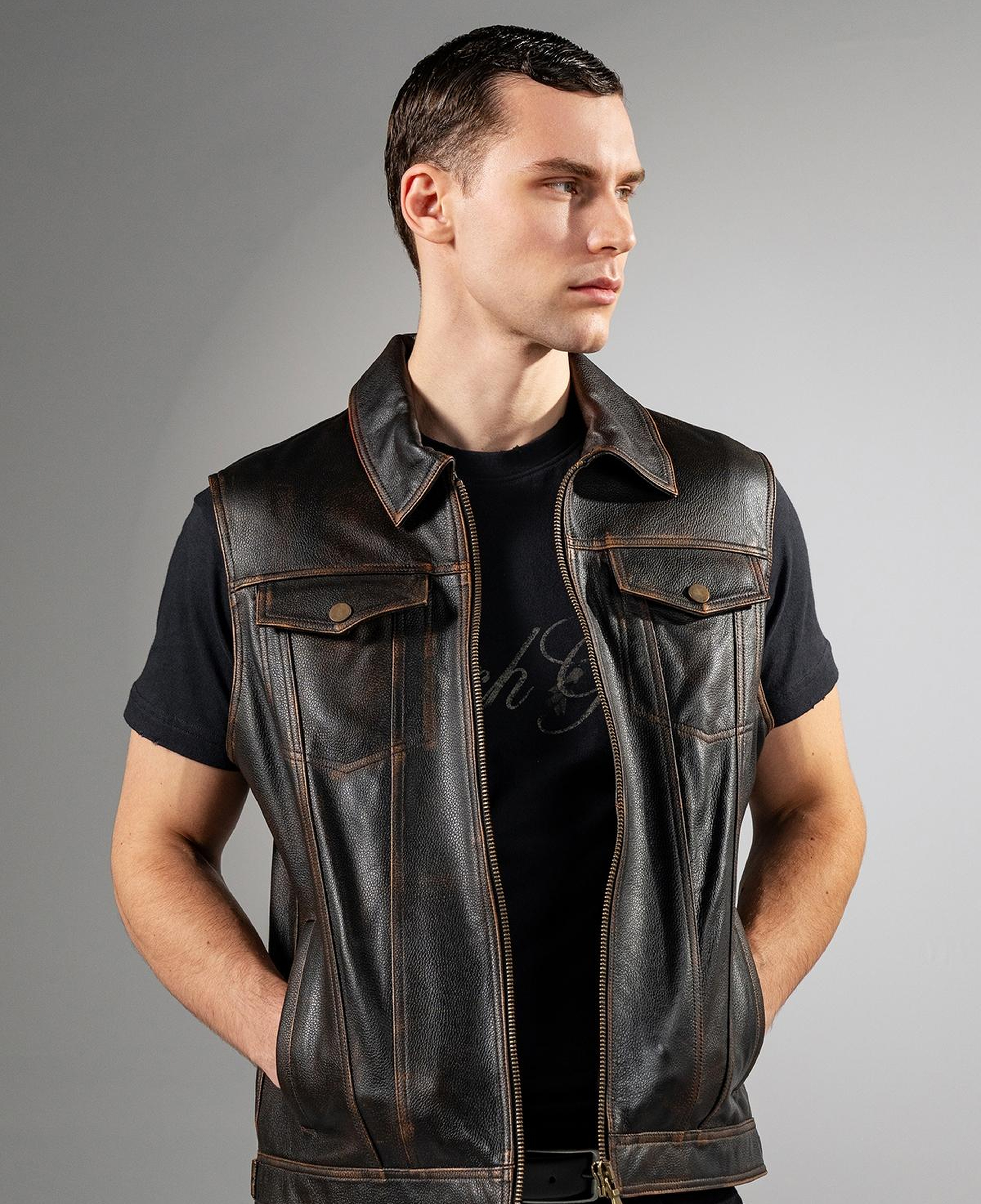 Valmenti Erkek Hakiki Deri Kızıl Eskitme Yelek Deri Mont