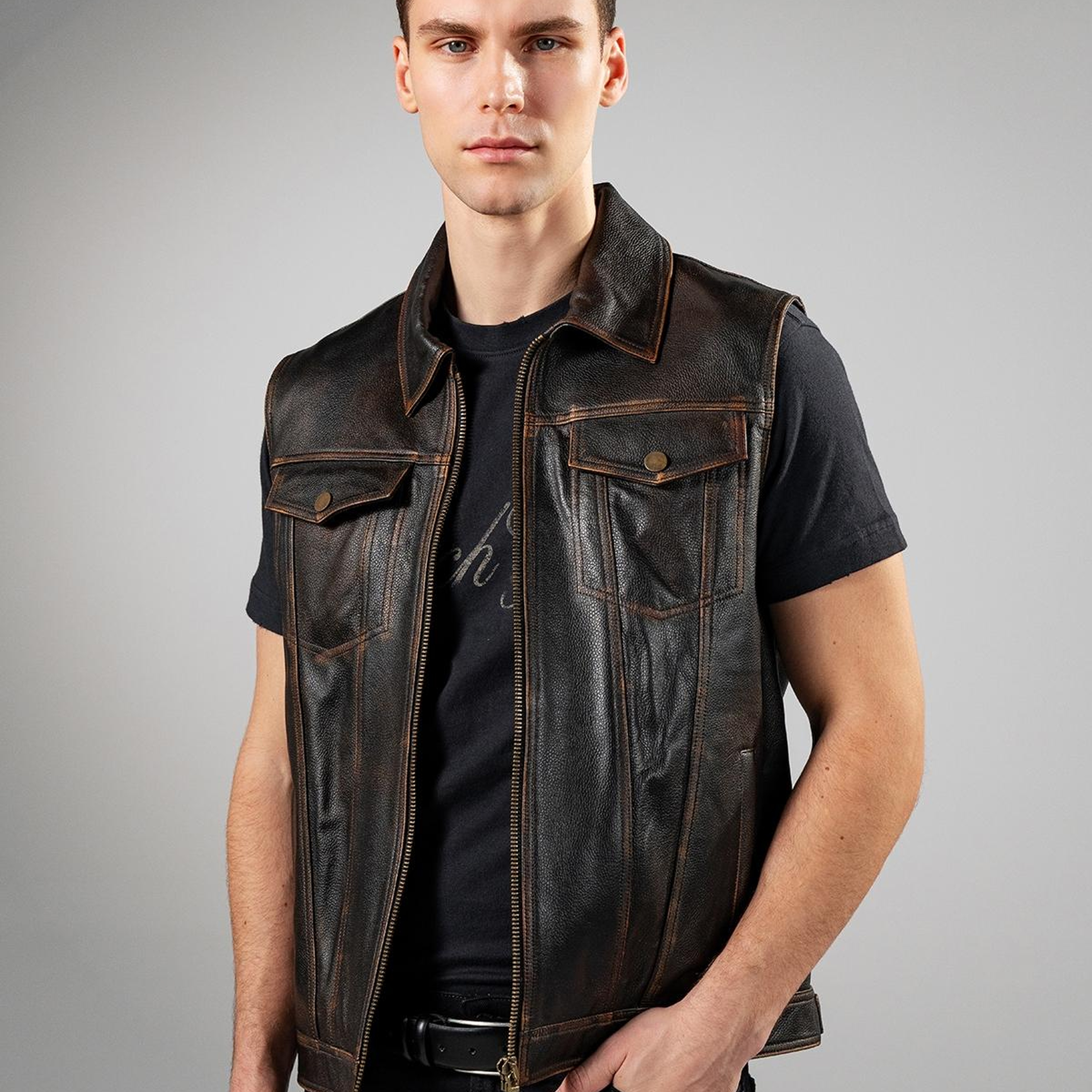 Valmenti Erkek Hakiki Deri Kızıl Eskitme Yelek Deri Mont