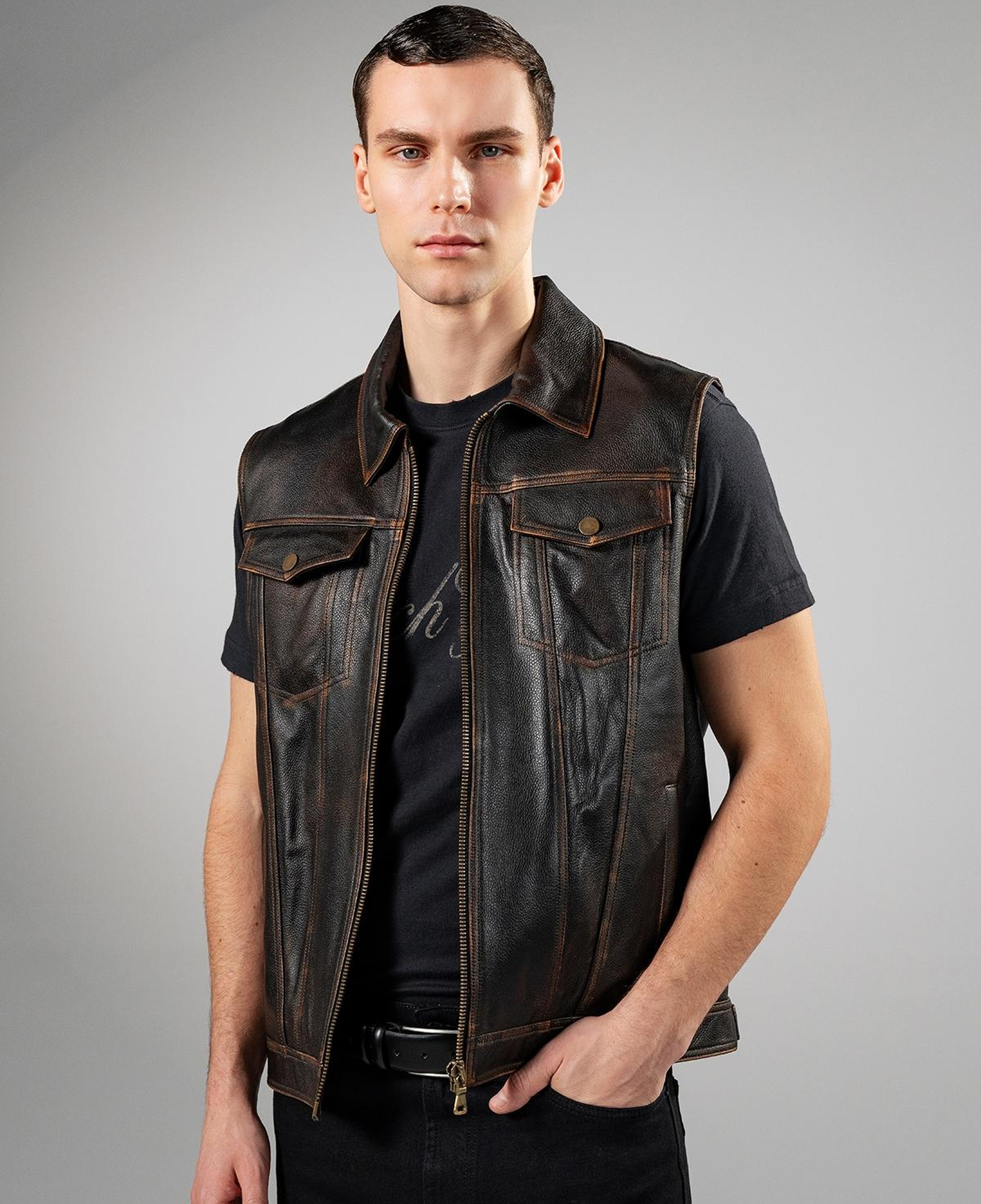 Valmenti Erkek Hakiki Deri Kızıl Eskitme Yelek Deri Mont