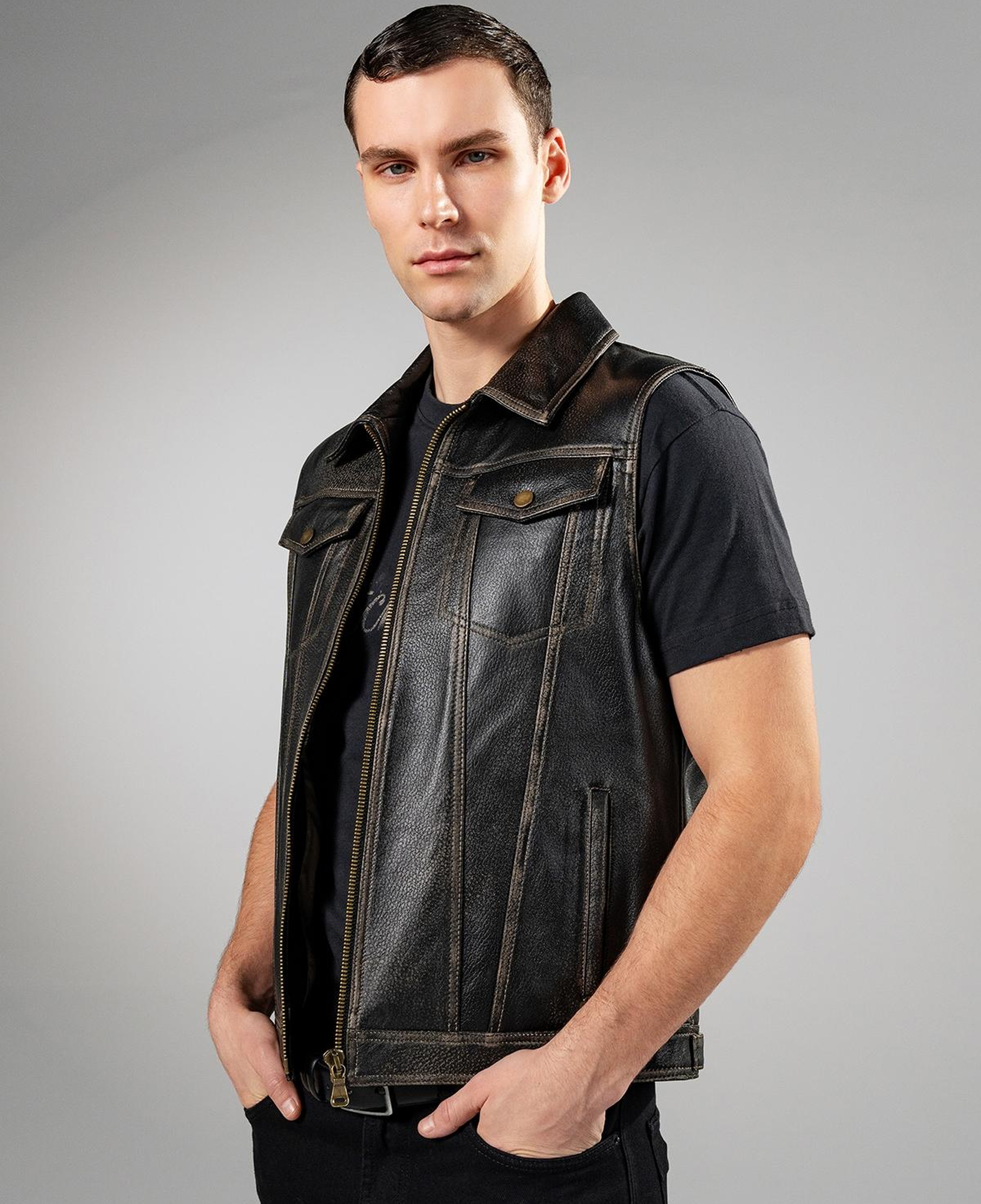 Valmenti Erkek Hakiki Deri Siyah Eskitme Yelek Deri Mont