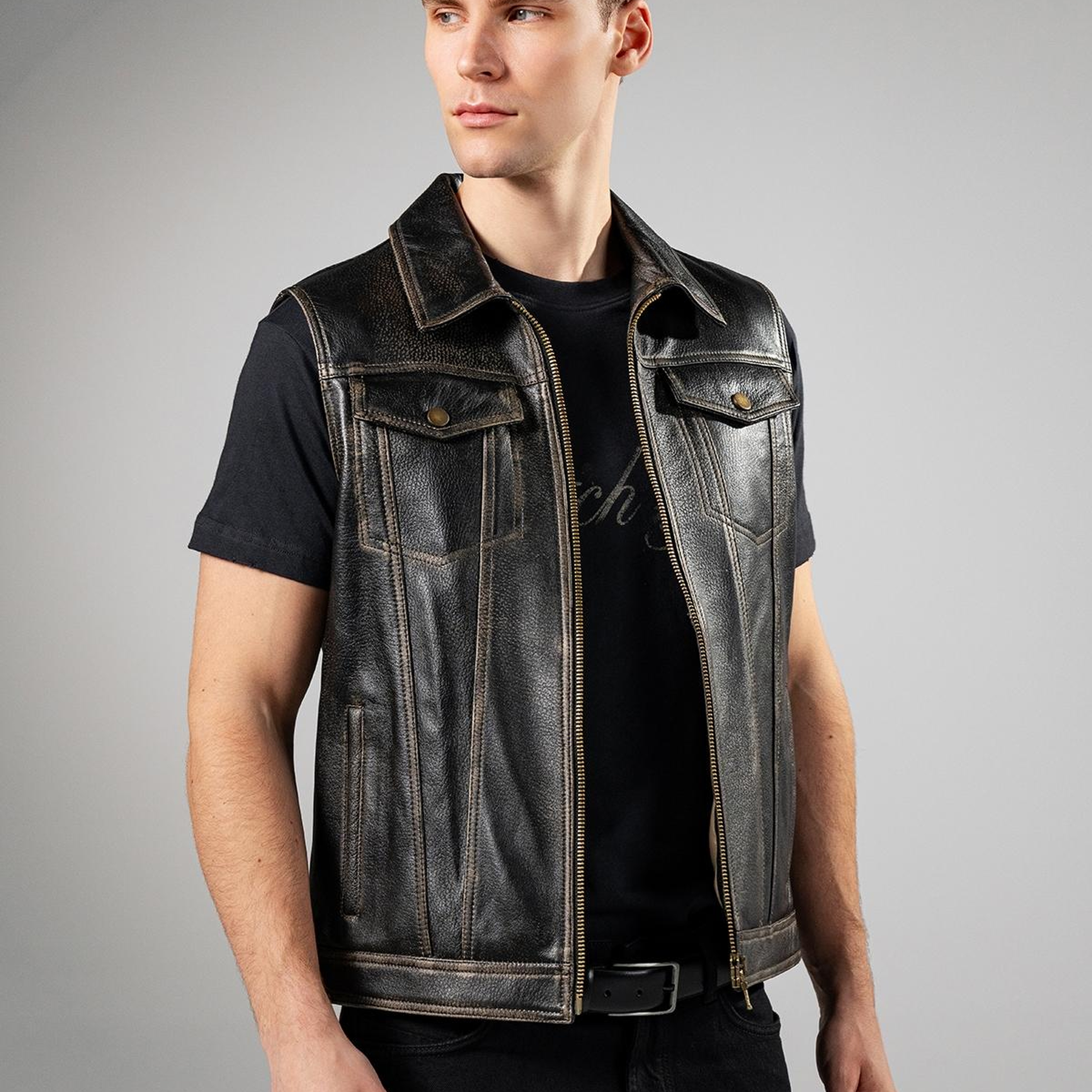 Valmenti Erkek Hakiki Deri Siyah Eskitme Yelek Deri Mont