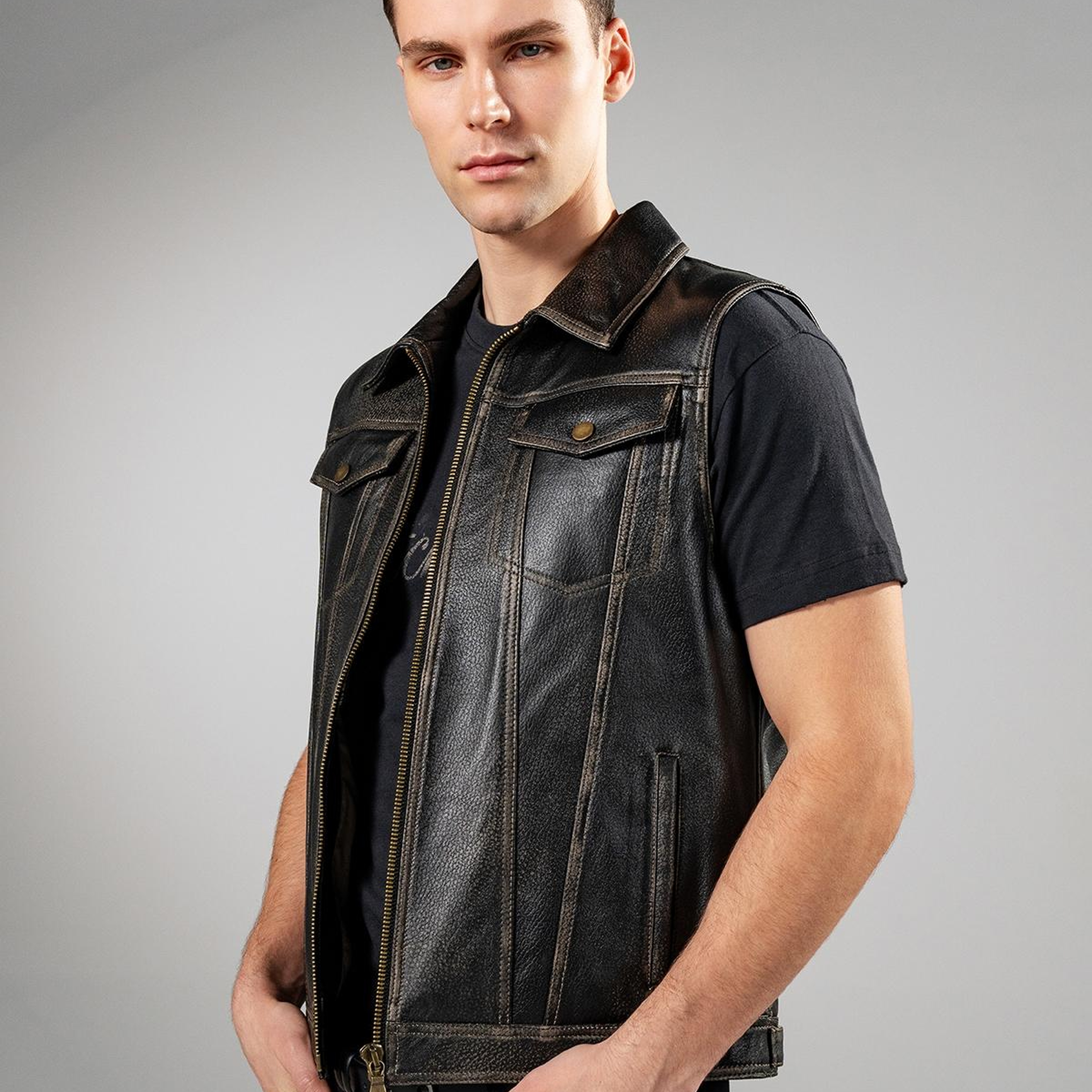 Valmenti Erkek Hakiki Deri Siyah Eskitme Yelek Deri Mont