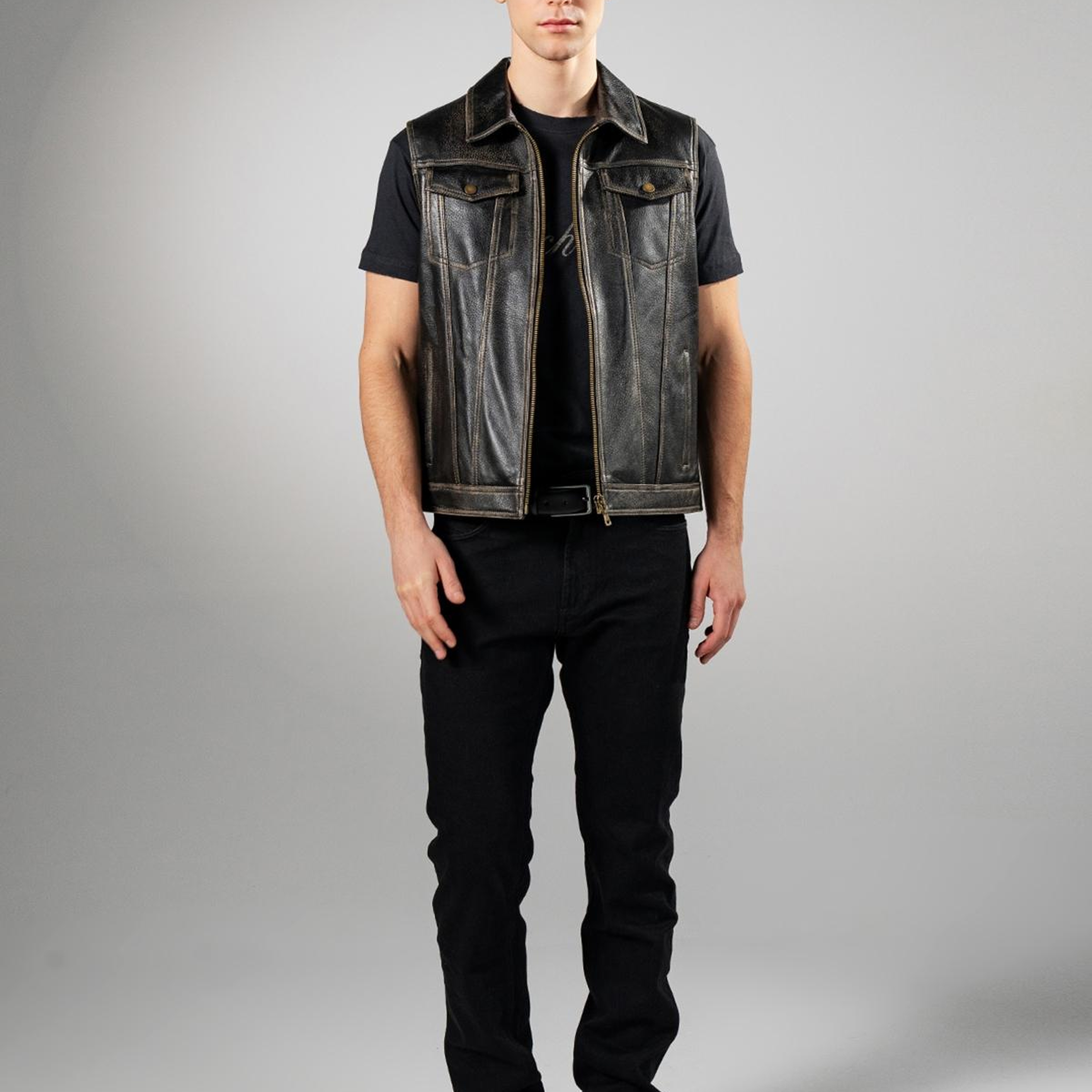 Valmenti Erkek Hakiki Deri Siyah Eskitme Yelek Deri Mont