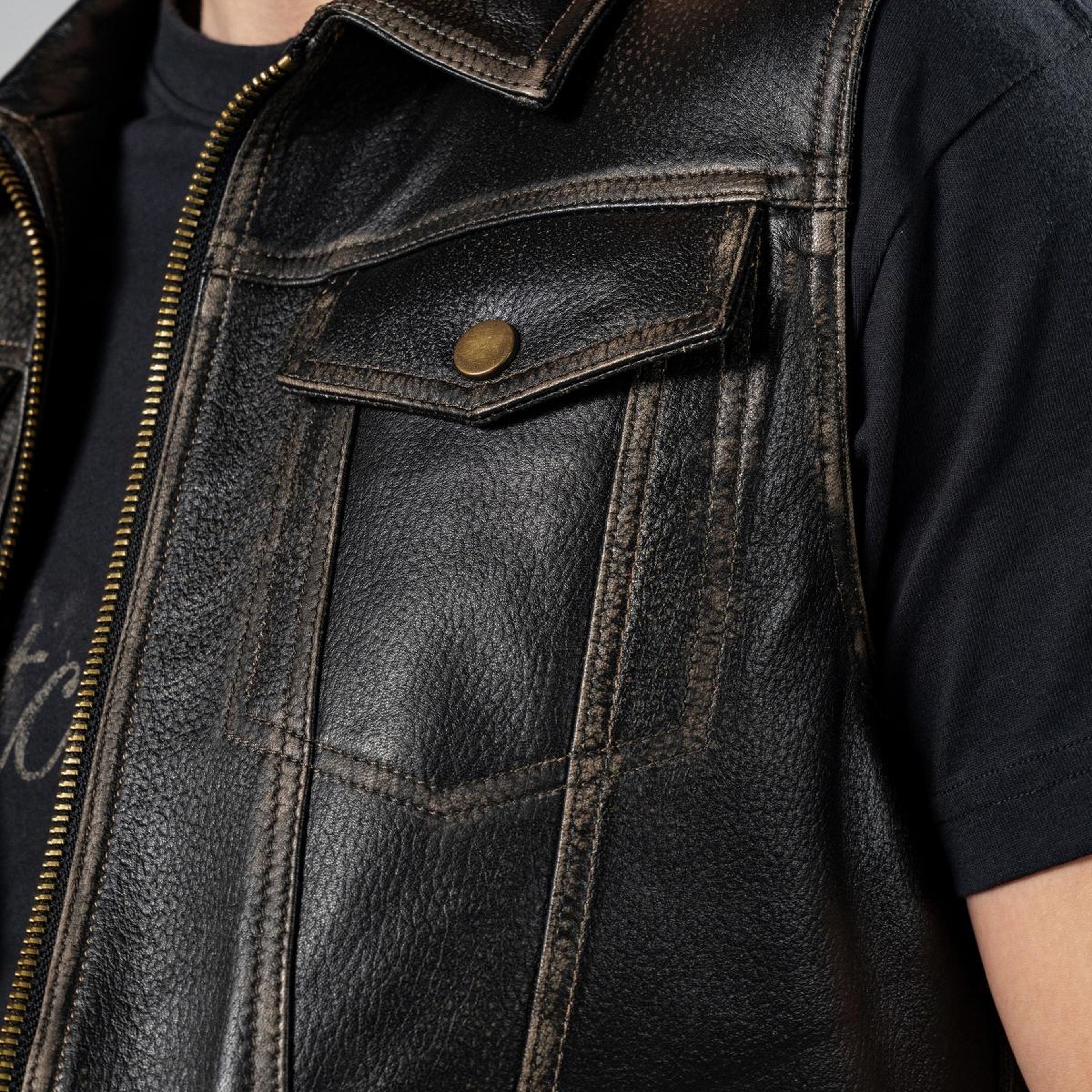 Valmenti Erkek Hakiki Deri Siyah Eskitme Yelek Deri Mont