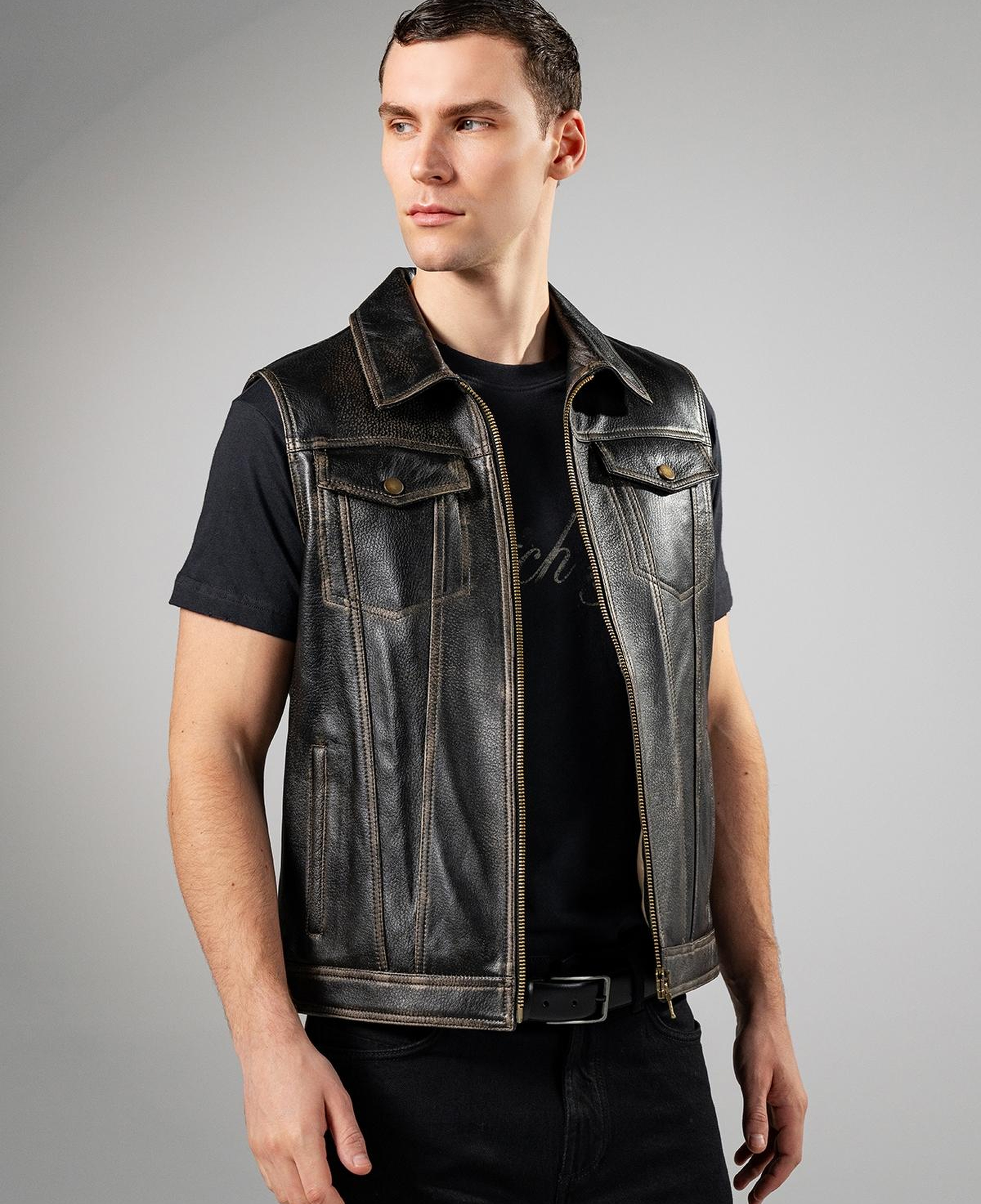 Valmenti Erkek Hakiki Deri Siyah Eskitme Yelek Deri Mont