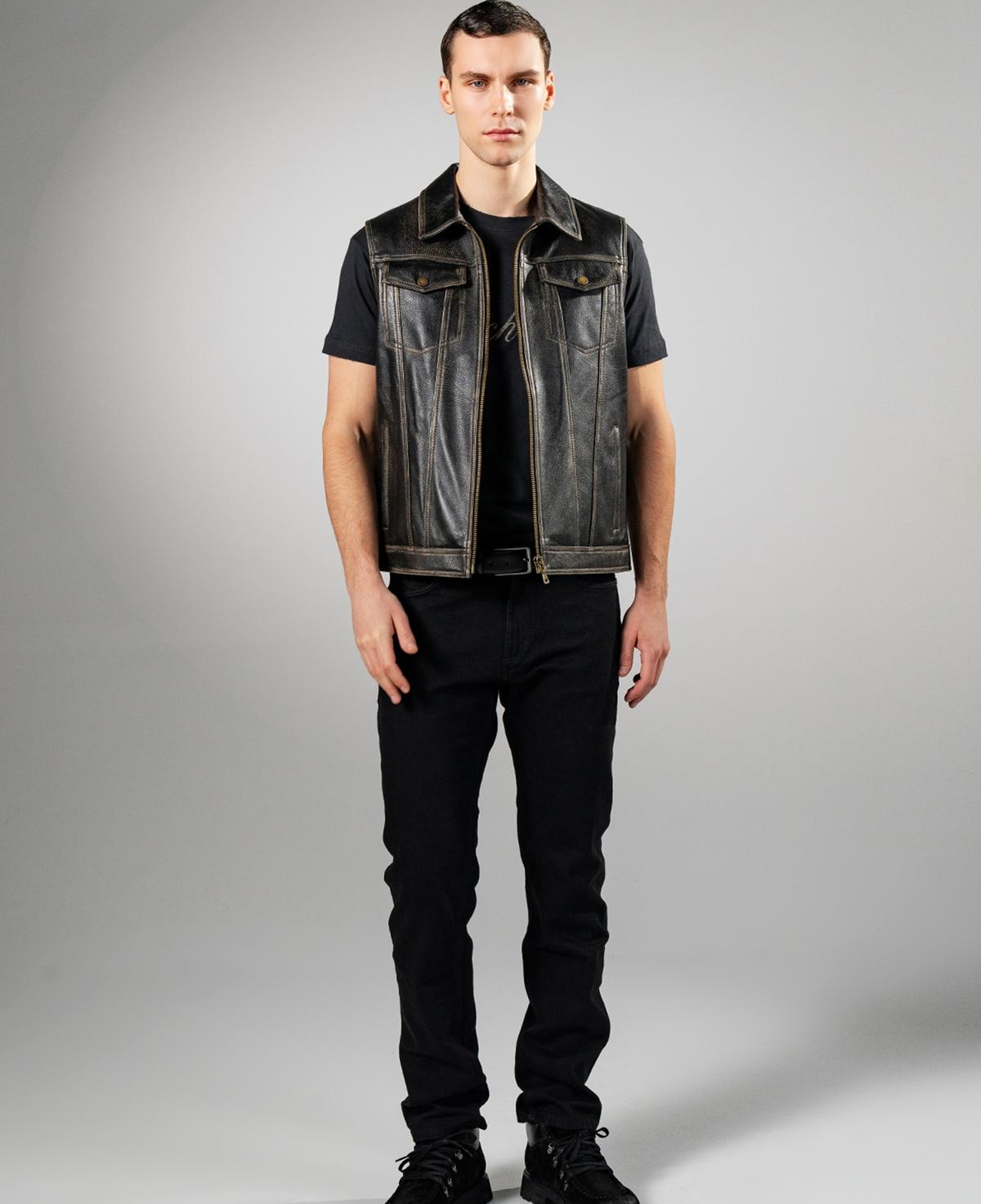 Valmenti Erkek Hakiki Deri Siyah Eskitme Yelek Deri Mont