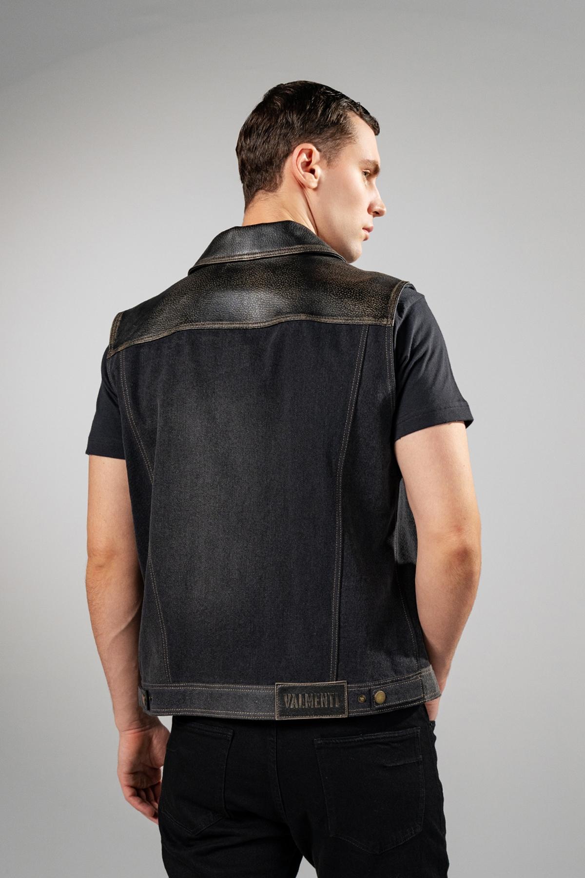 Valmenti Erkek Hakiki Deri Siyah Yelek Deri Mont