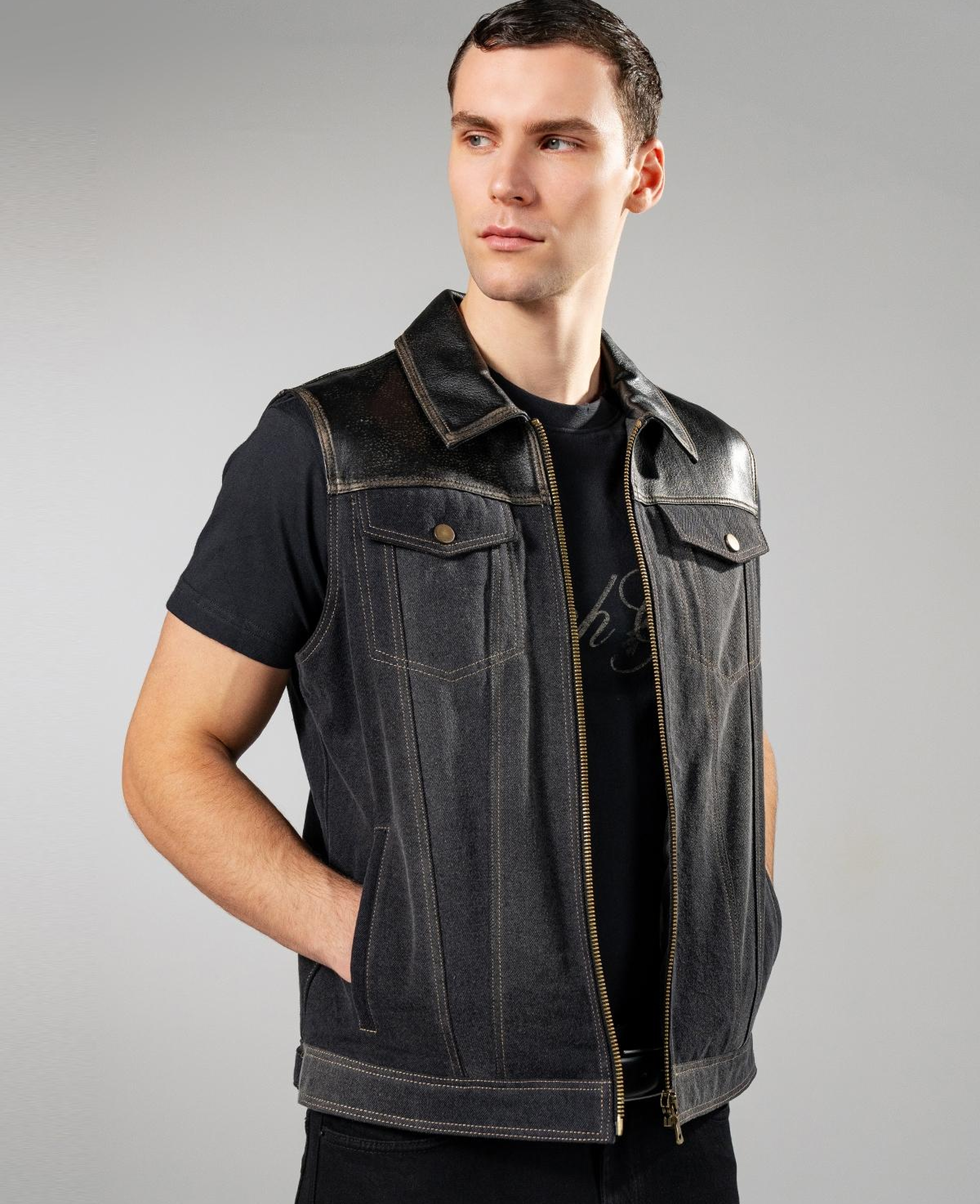 Valmenti Erkek Hakiki Deri Siyah Yelek Deri Mont