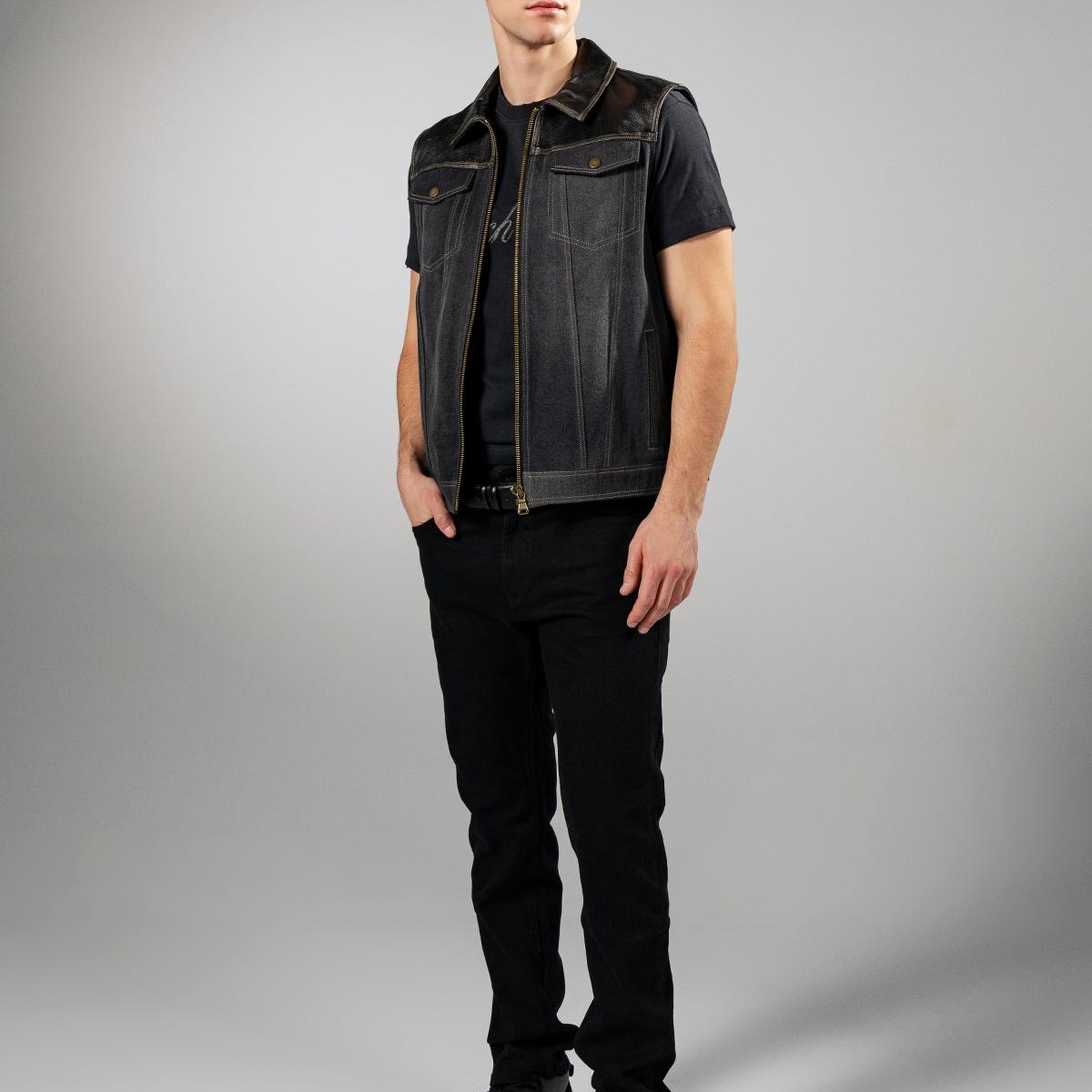 Valmenti Erkek Hakiki Deri Siyah Yelek Deri Mont