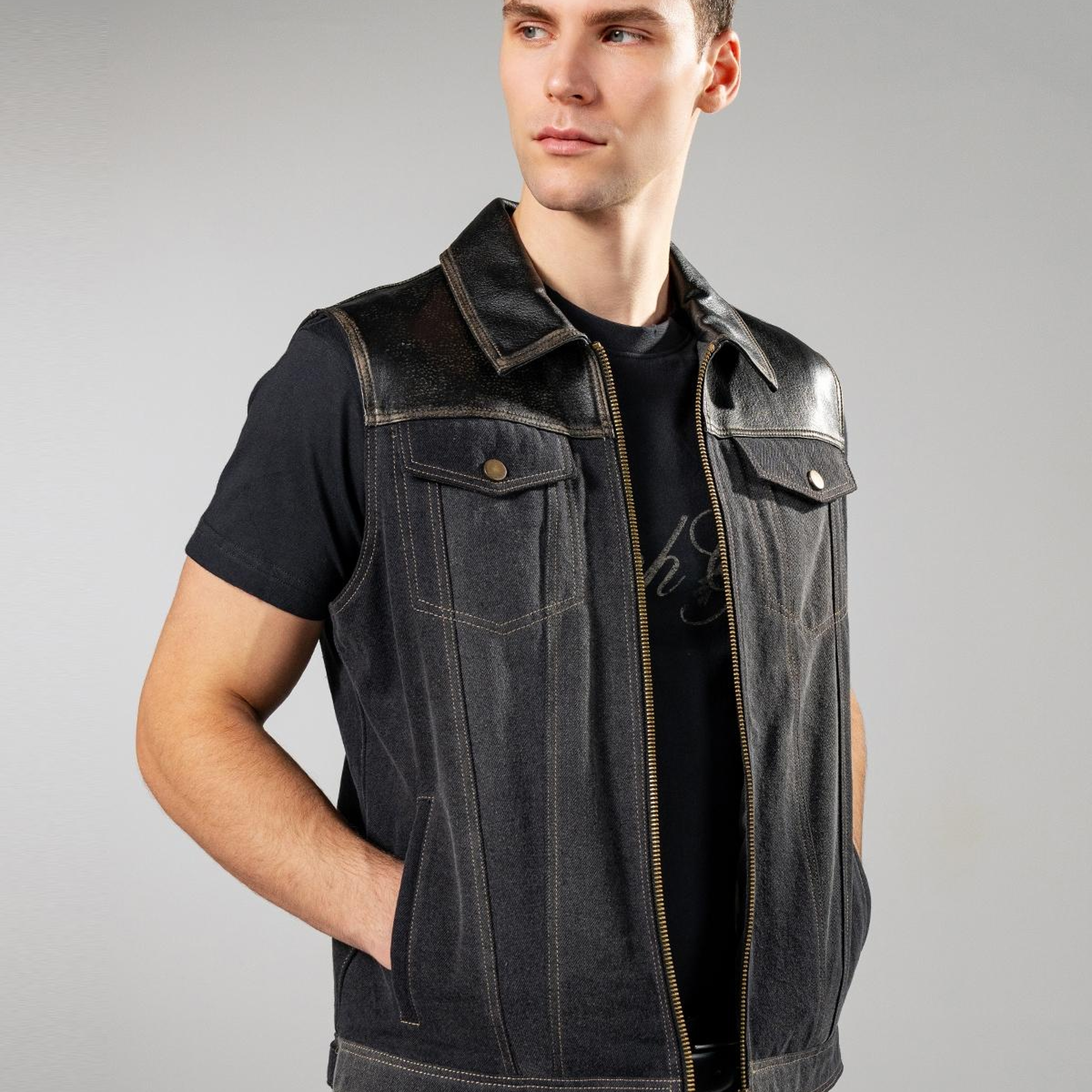 Valmenti Erkek Hakiki Deri Siyah Yelek Deri Mont