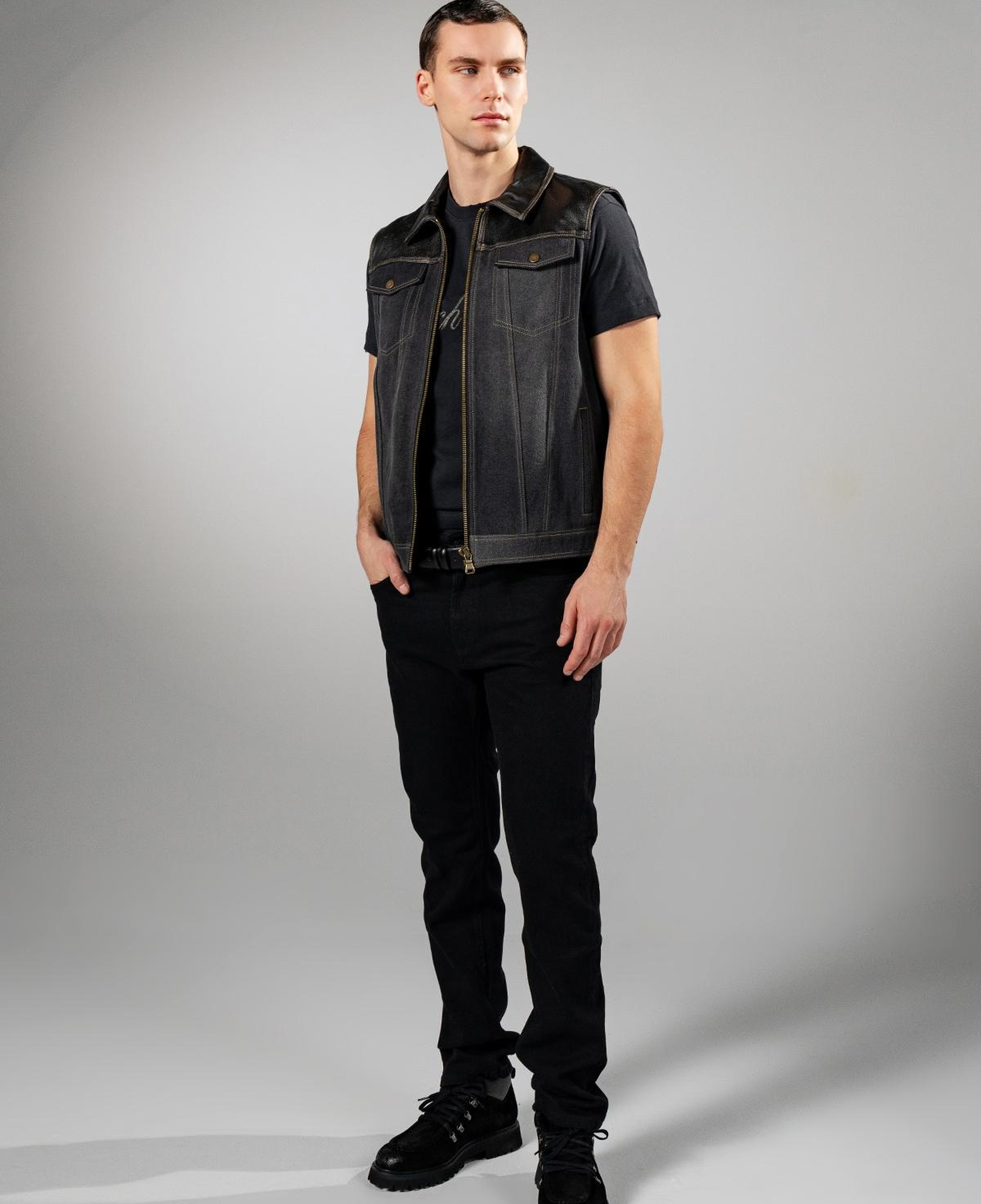 Valmenti Erkek Hakiki Deri Siyah Yelek Deri Mont