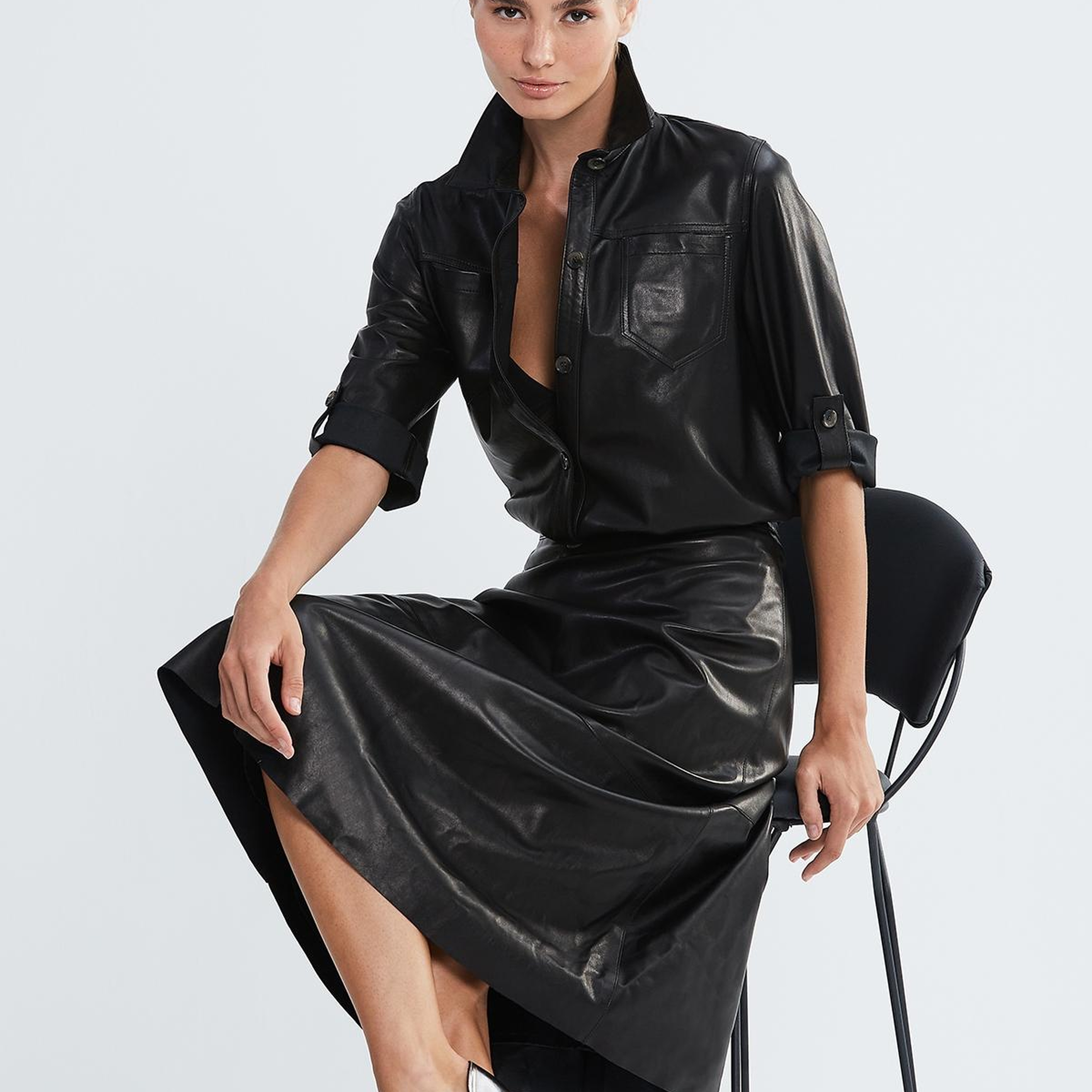 Valmenti Kadın Hakiki Deri Siyah Gömlek