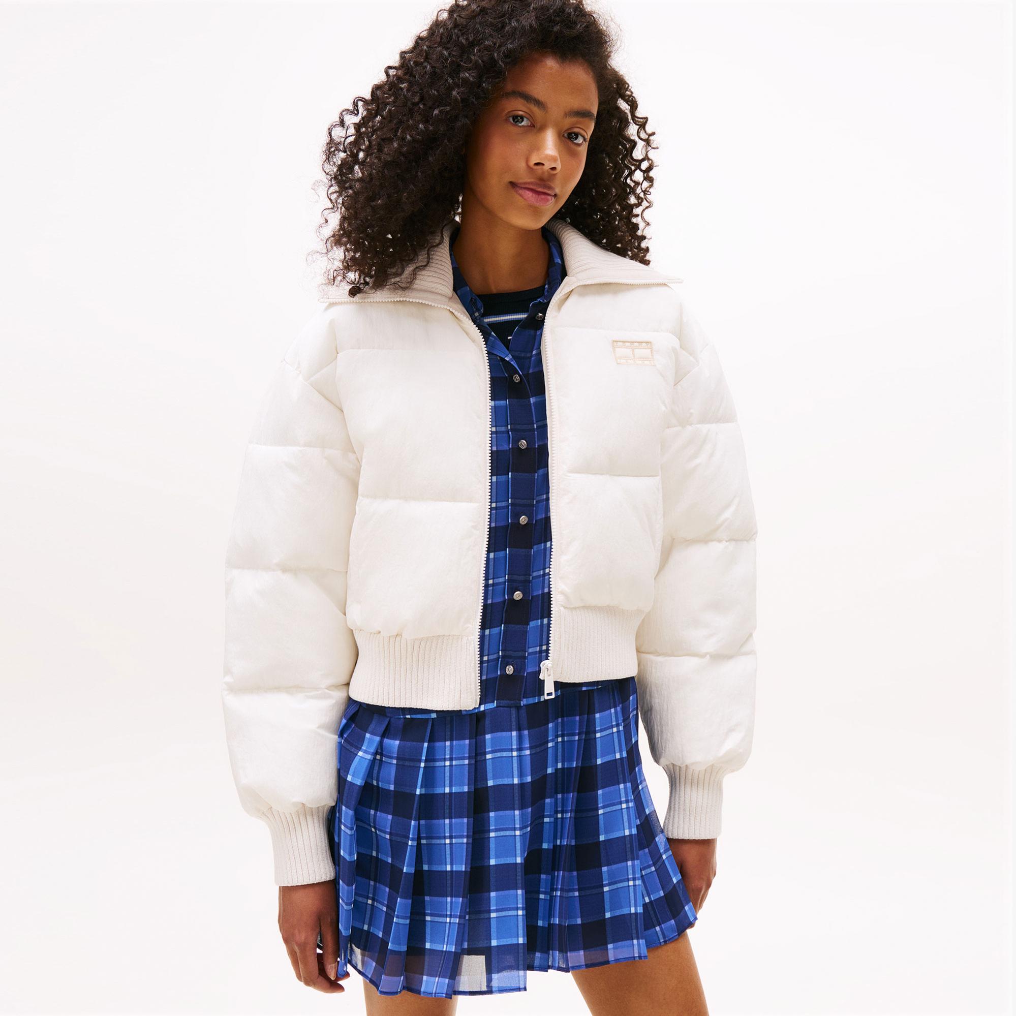 Tommy Hilfiger Crop Ribbed Detail Puffer Kadın Beyaz Mont