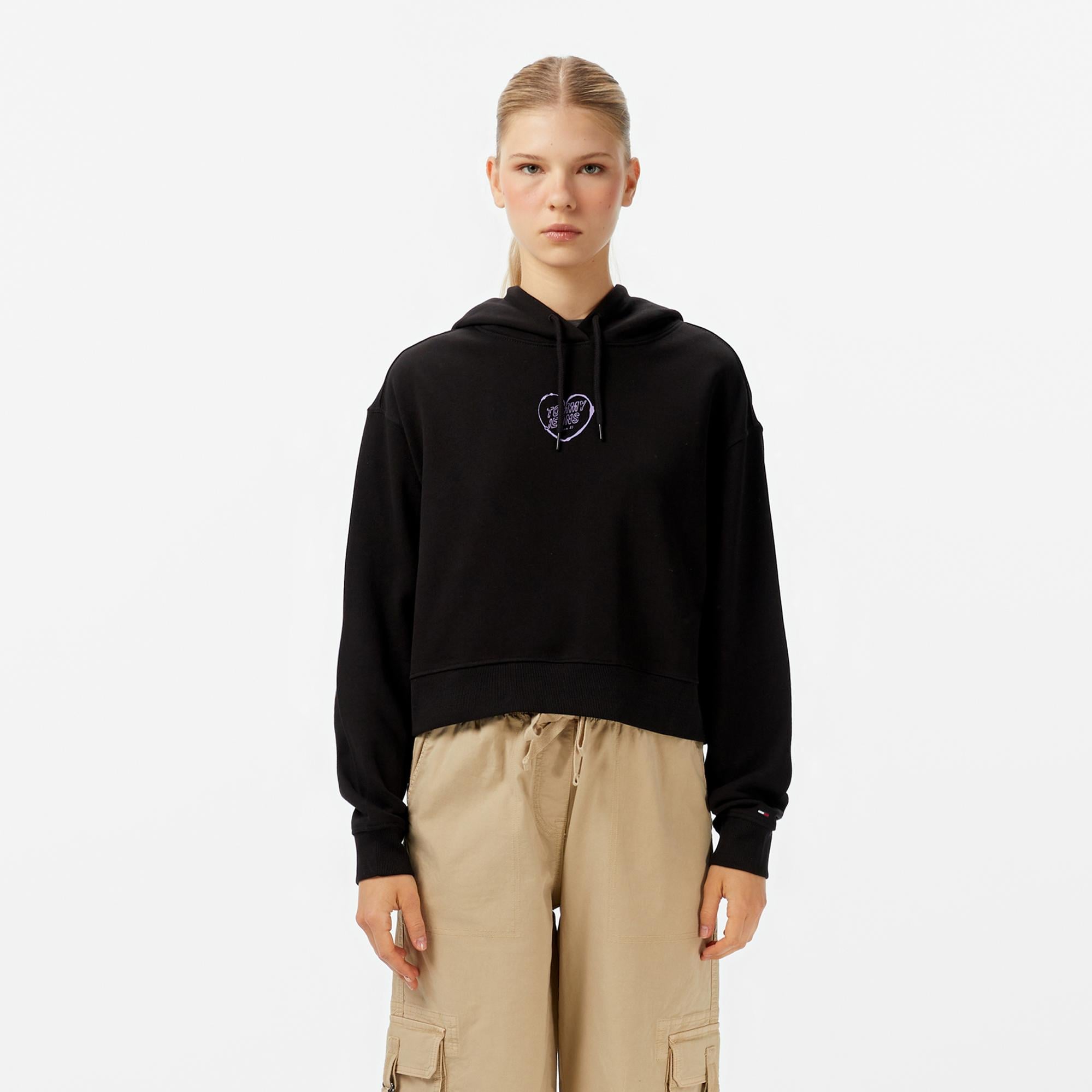 Tommy Jeans Crop Heart Slim Kadın Siyah Sweatshirt