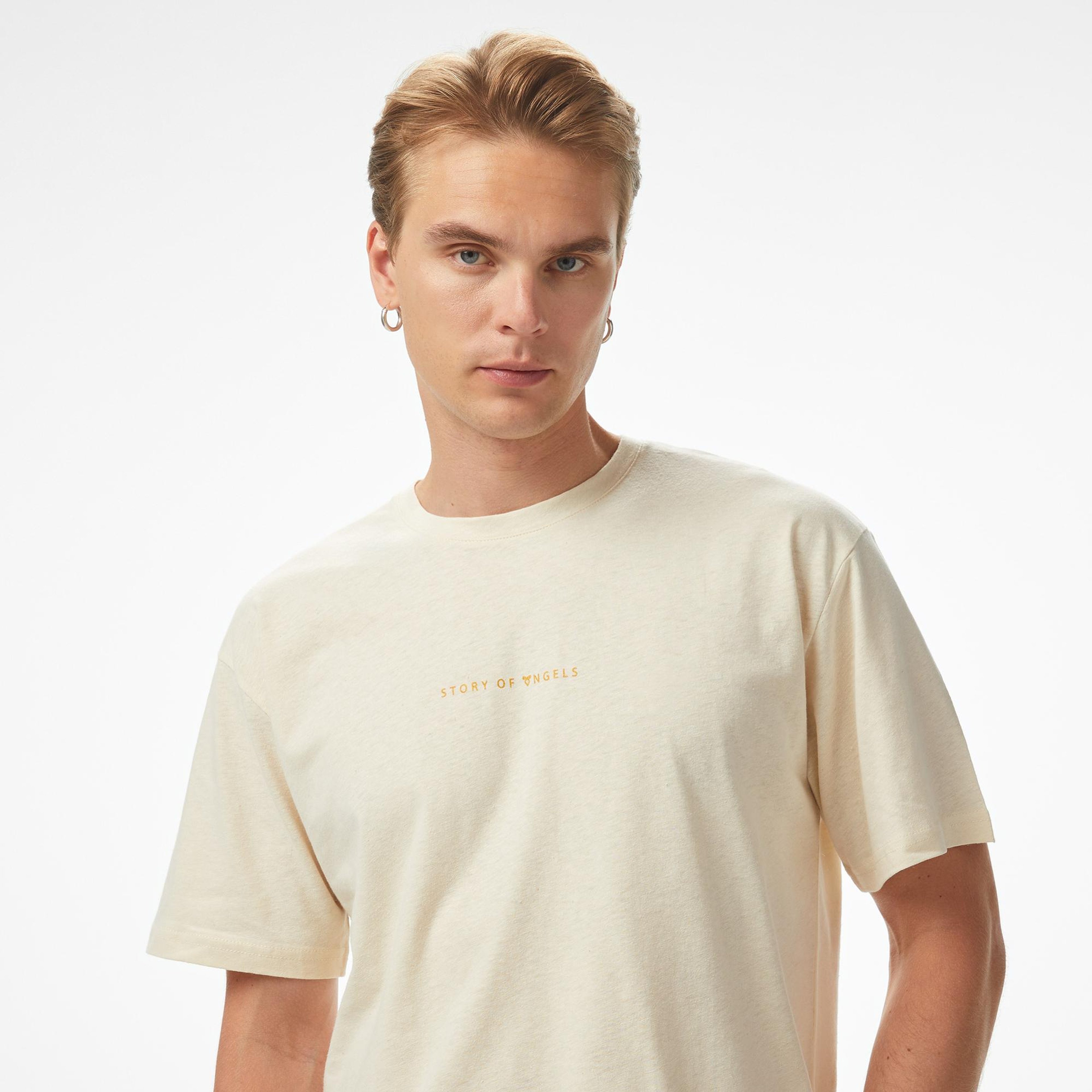 Story of Angels Small Logo Linen Erkek Bej T-Shirt