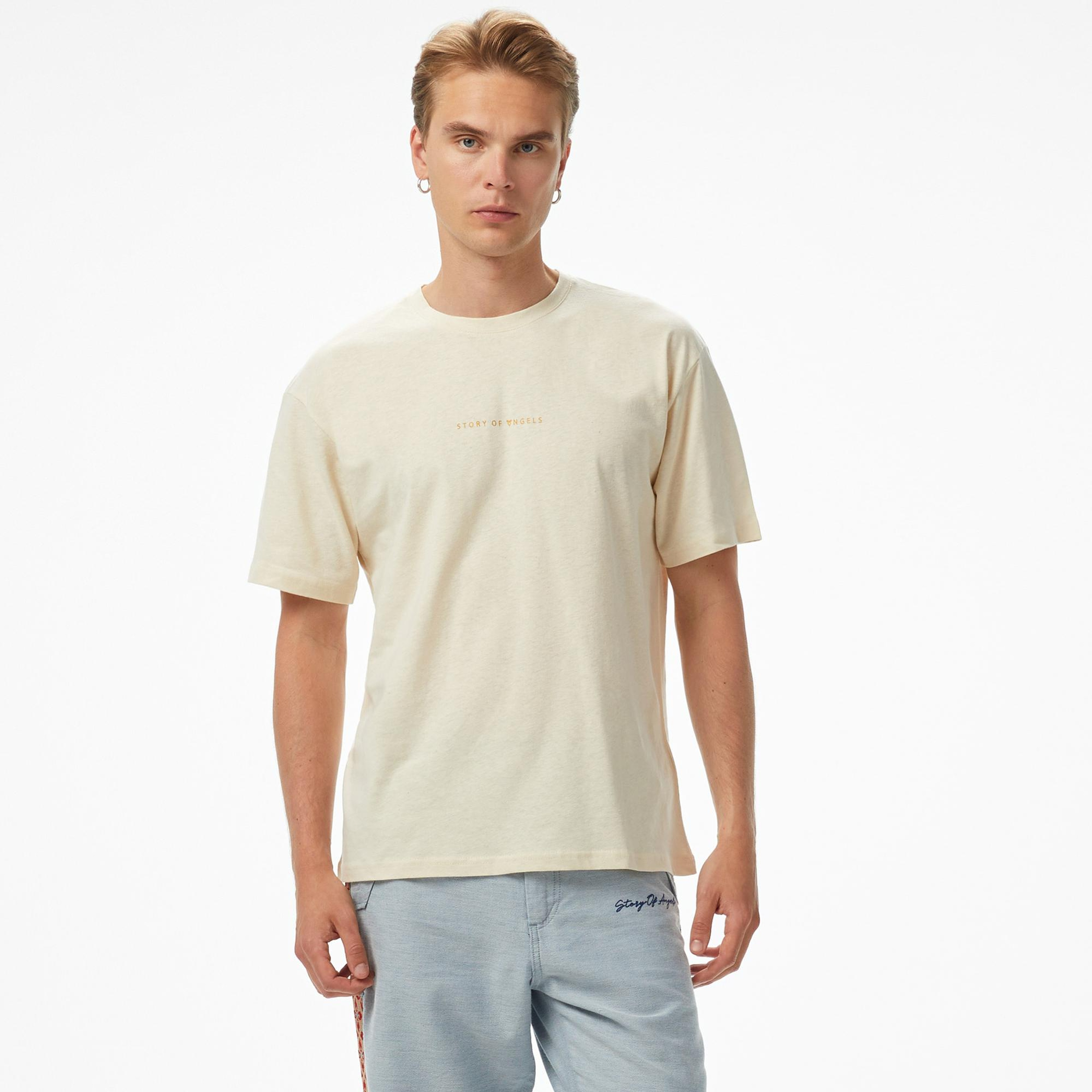 Story of Angels Small Logo Linen Erkek Bej T-Shirt