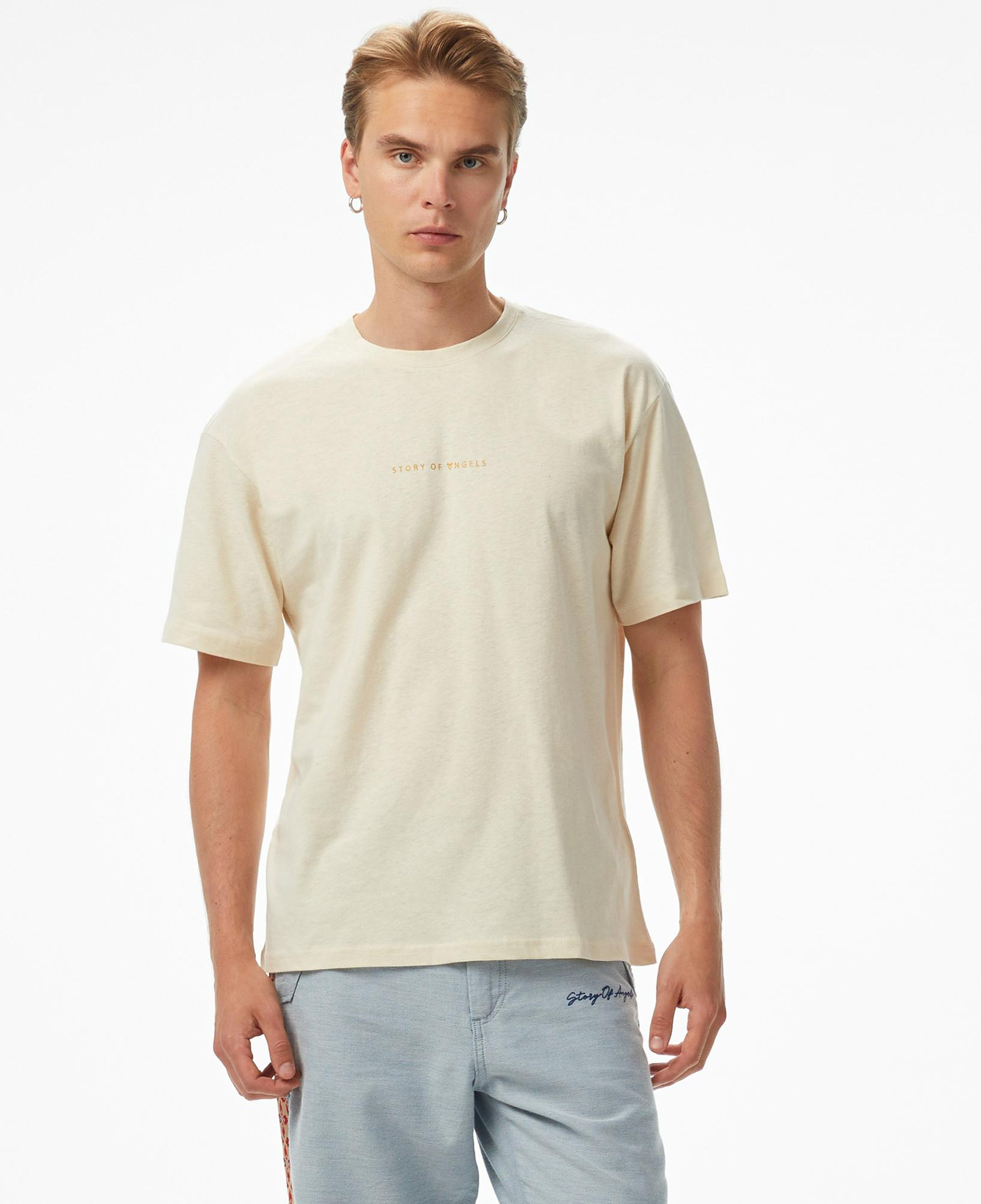 Story of Angels Small Logo Linen Erkek Bej T-Shirt