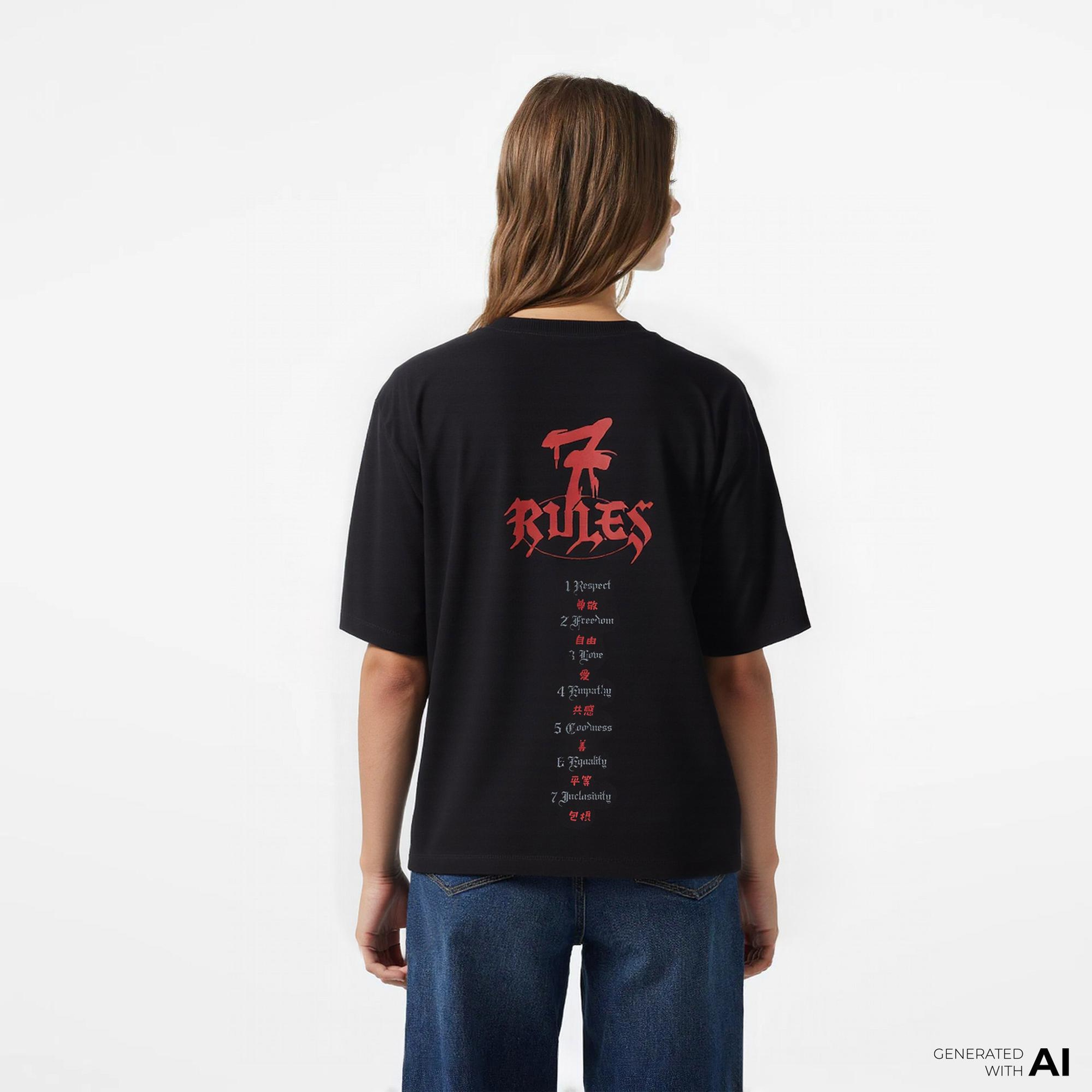 UNITED4 x Monkey Project 7 Rules Unisex Siyah T-Shirt