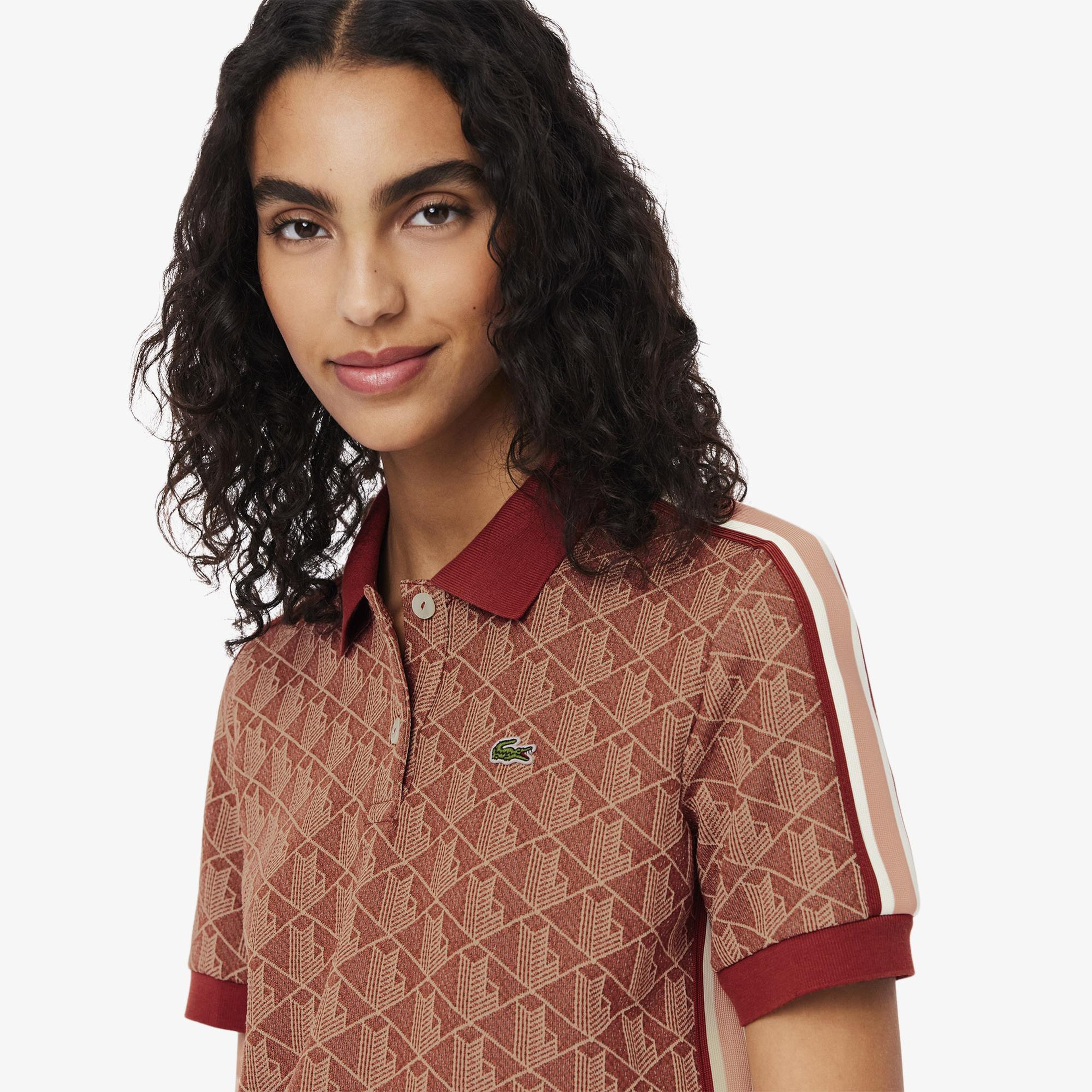 Lacoste Slim Fit Monogram Kadın Kahverengi Polo