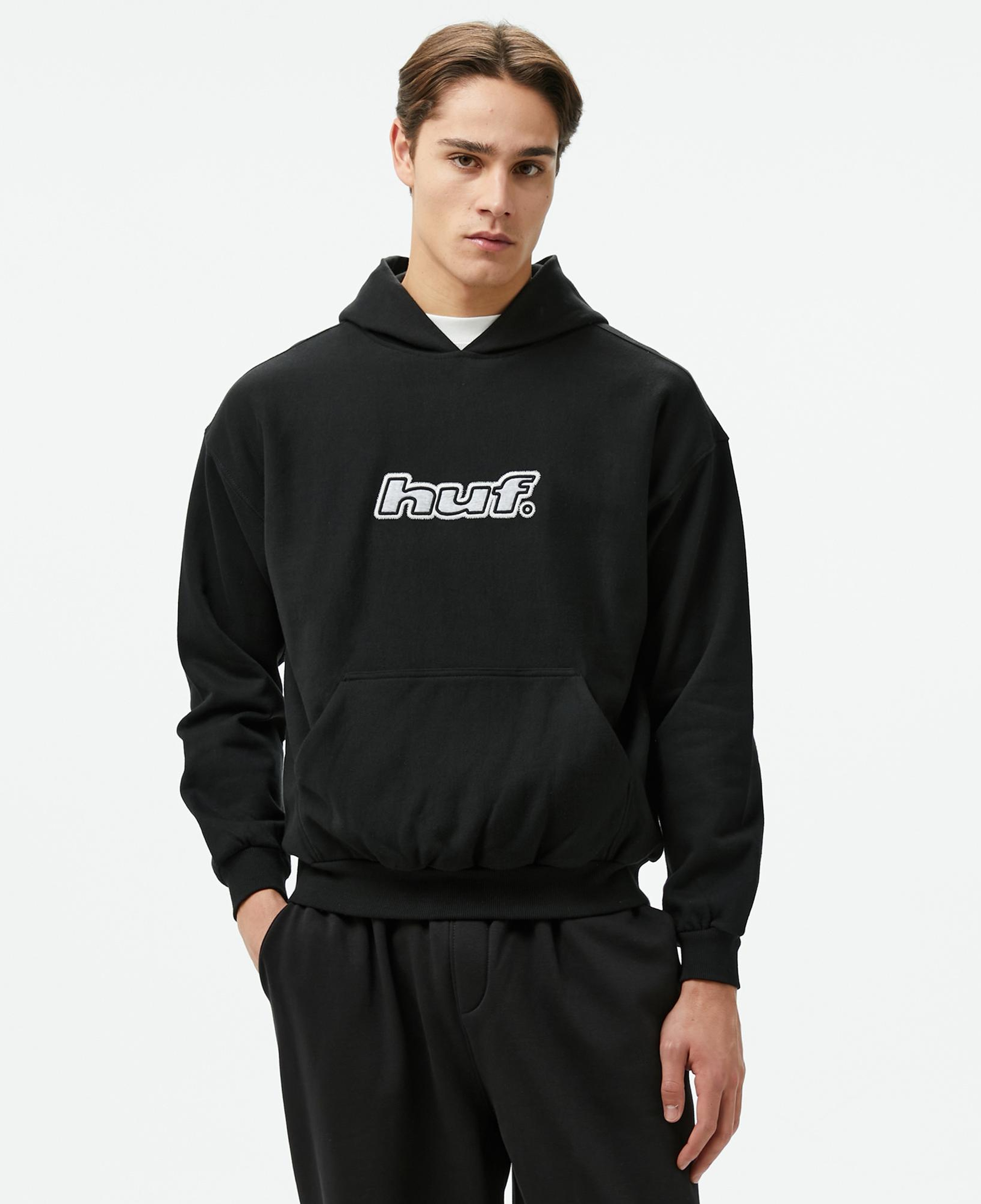 Huf Logo Applique Hooded Fleece Erkek Siyah Hoodie