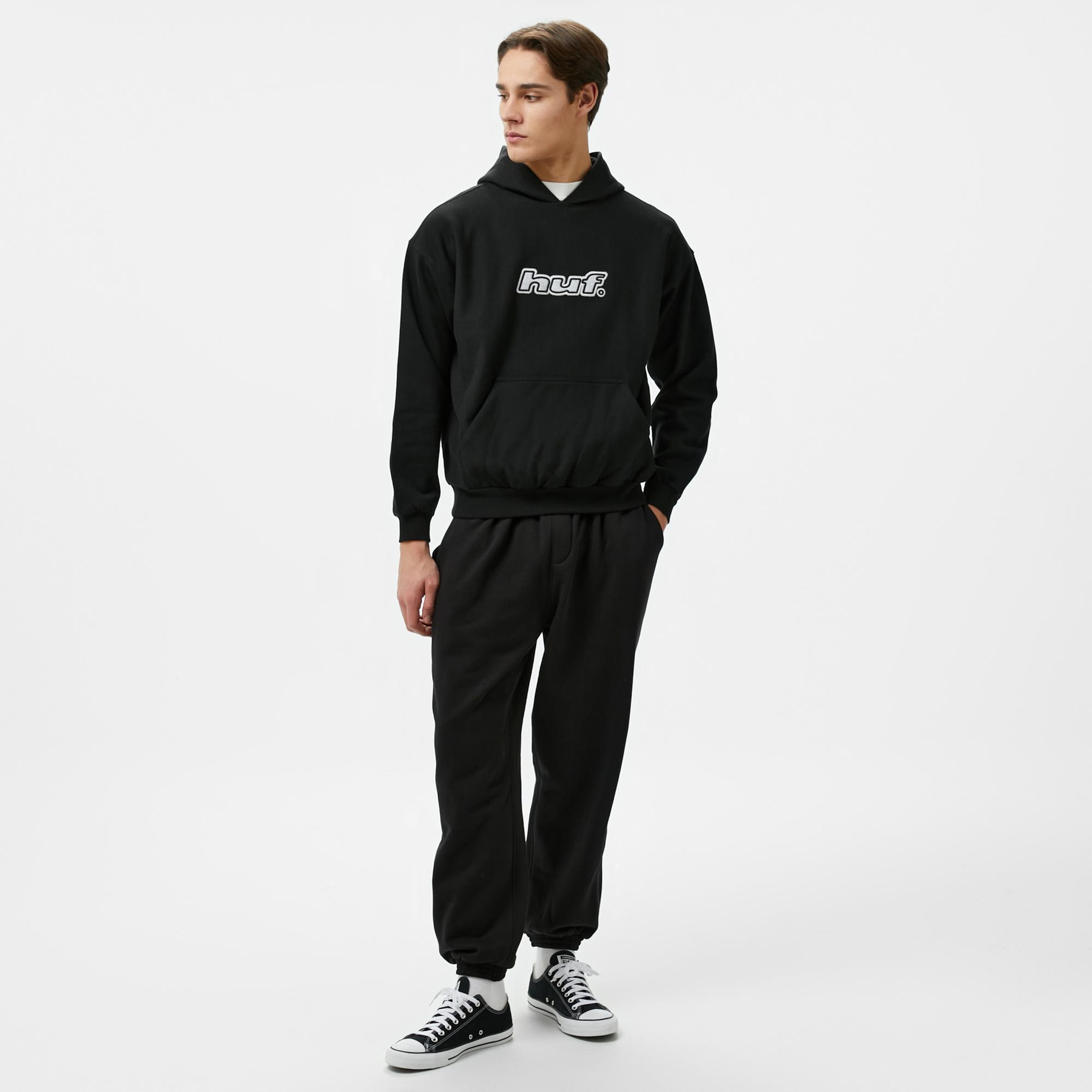 Huf Logo Applique Hooded Fleece Erkek Siyah Hoodie