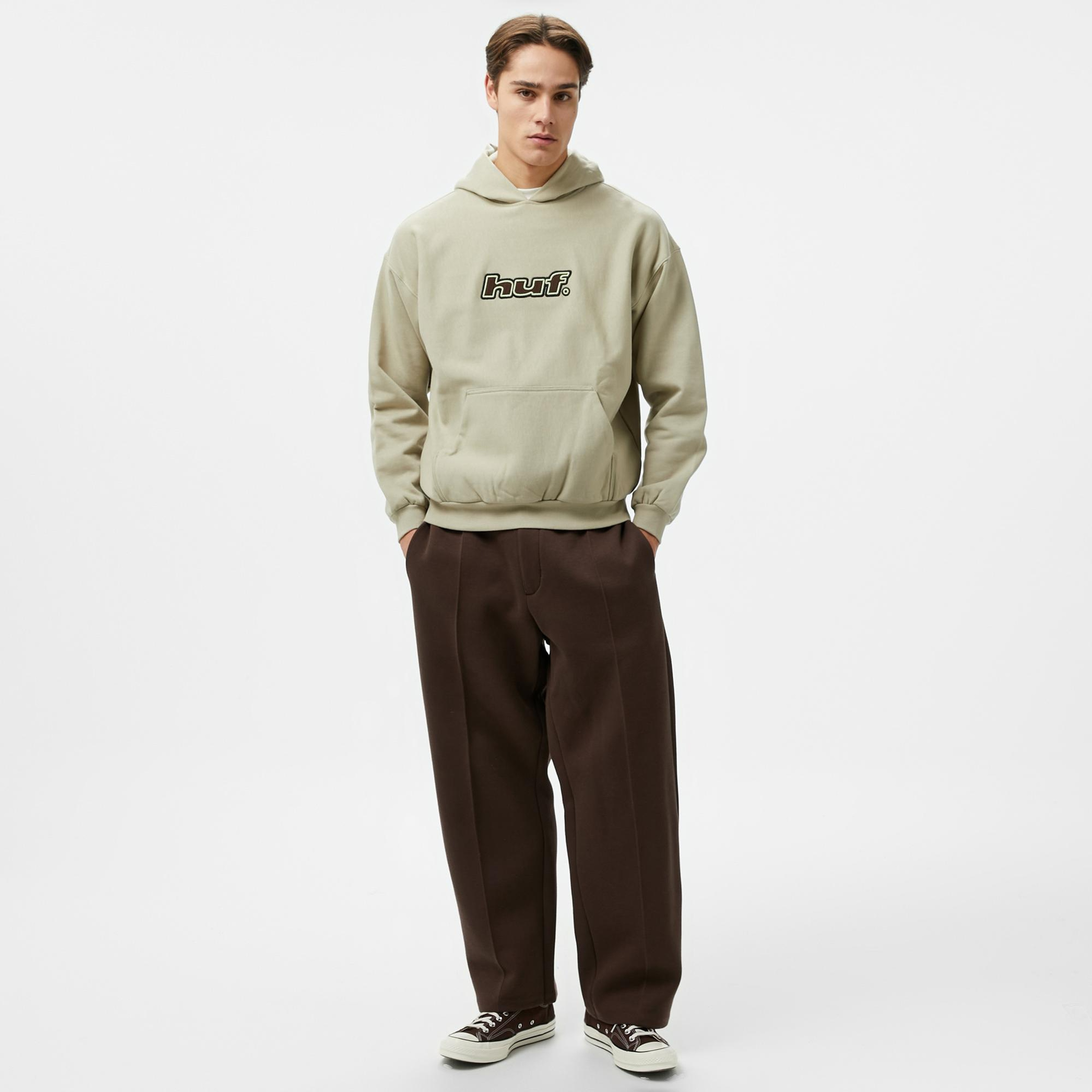 Huf Logo Applique Hooded Fleece Erkek Bej Hoodie