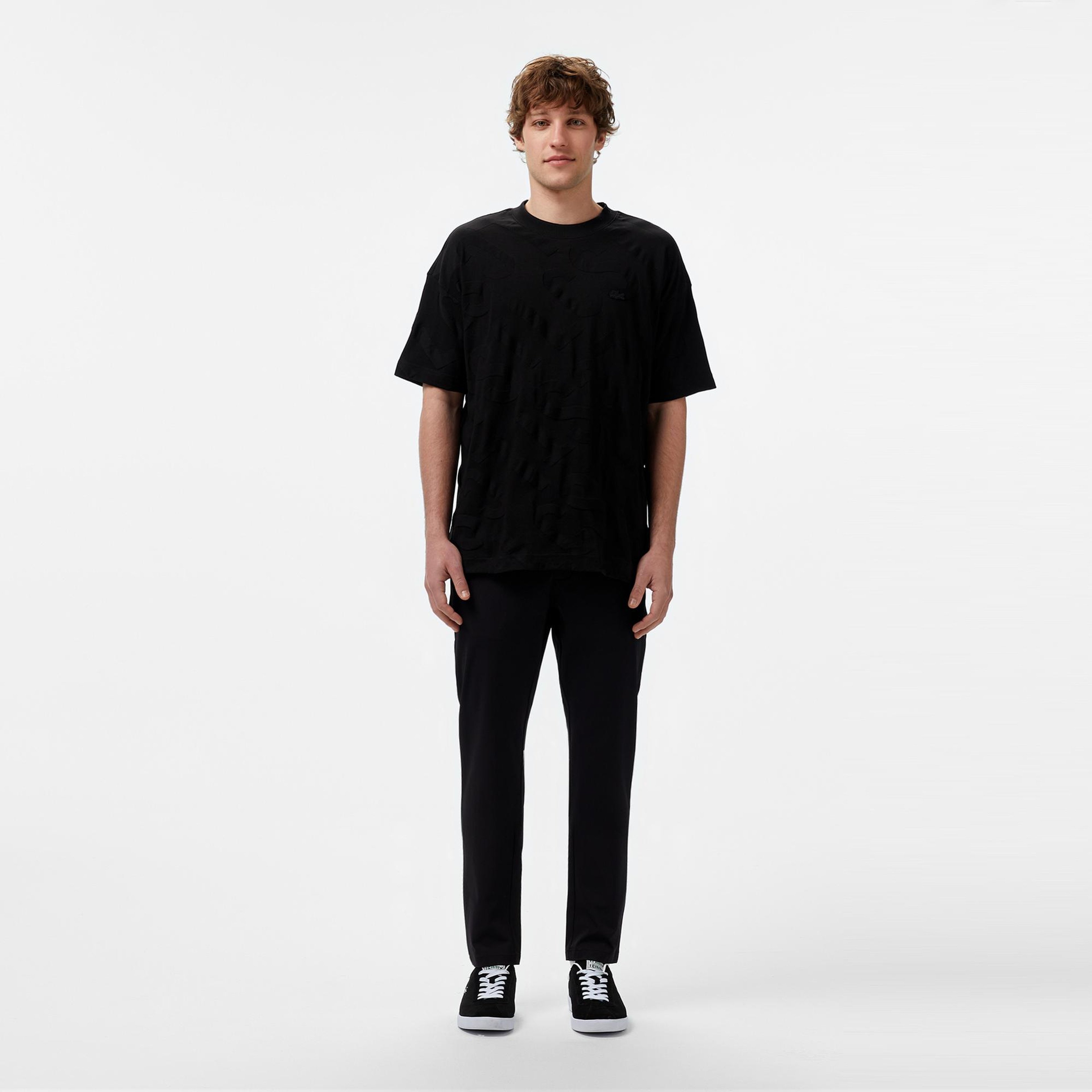 Lacoste Erkek Bisiklet Yaka Desenli Siyah T-Shirt