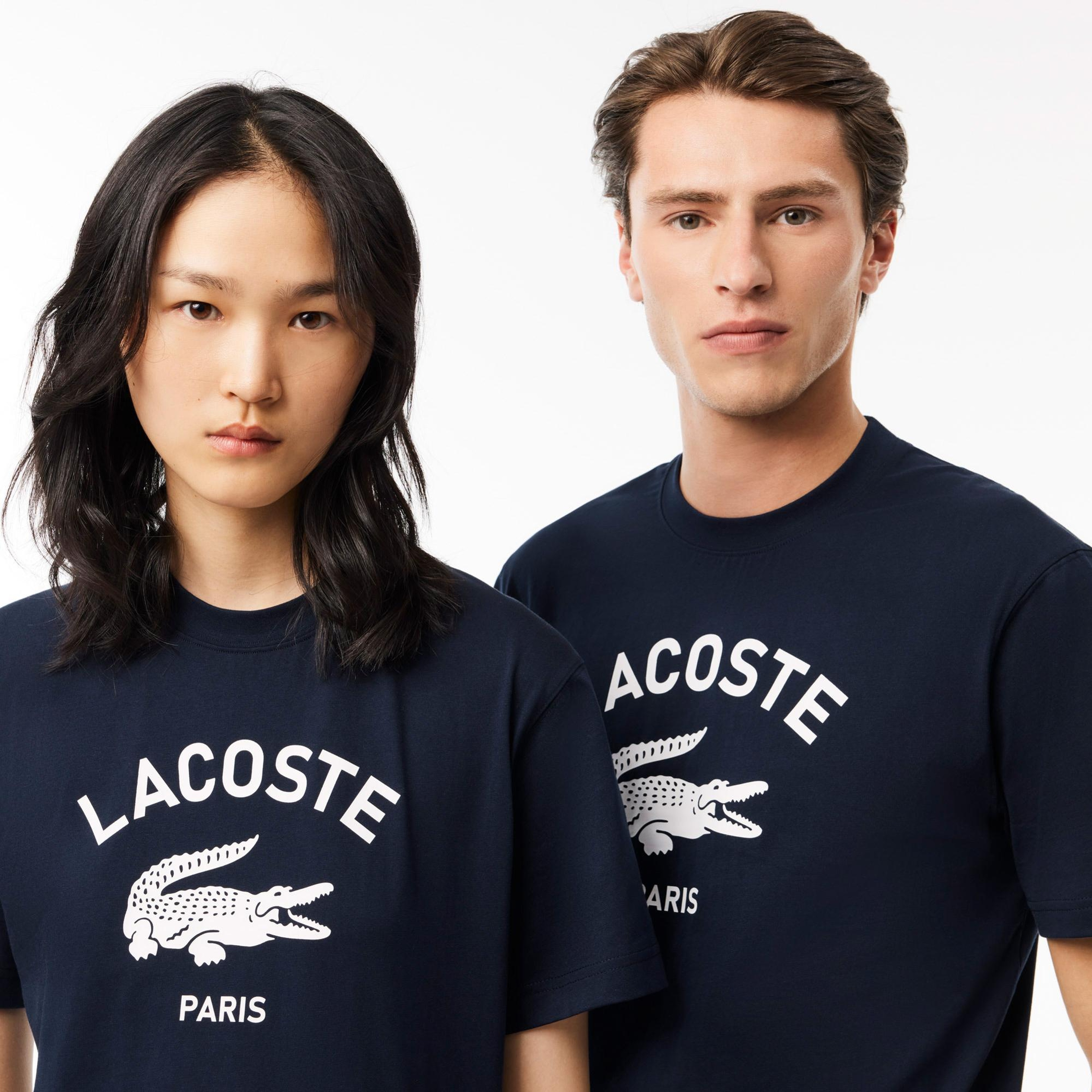 Lacoste Unisex Bisiklet Yaka Baskılı Lacivert T-Shirt