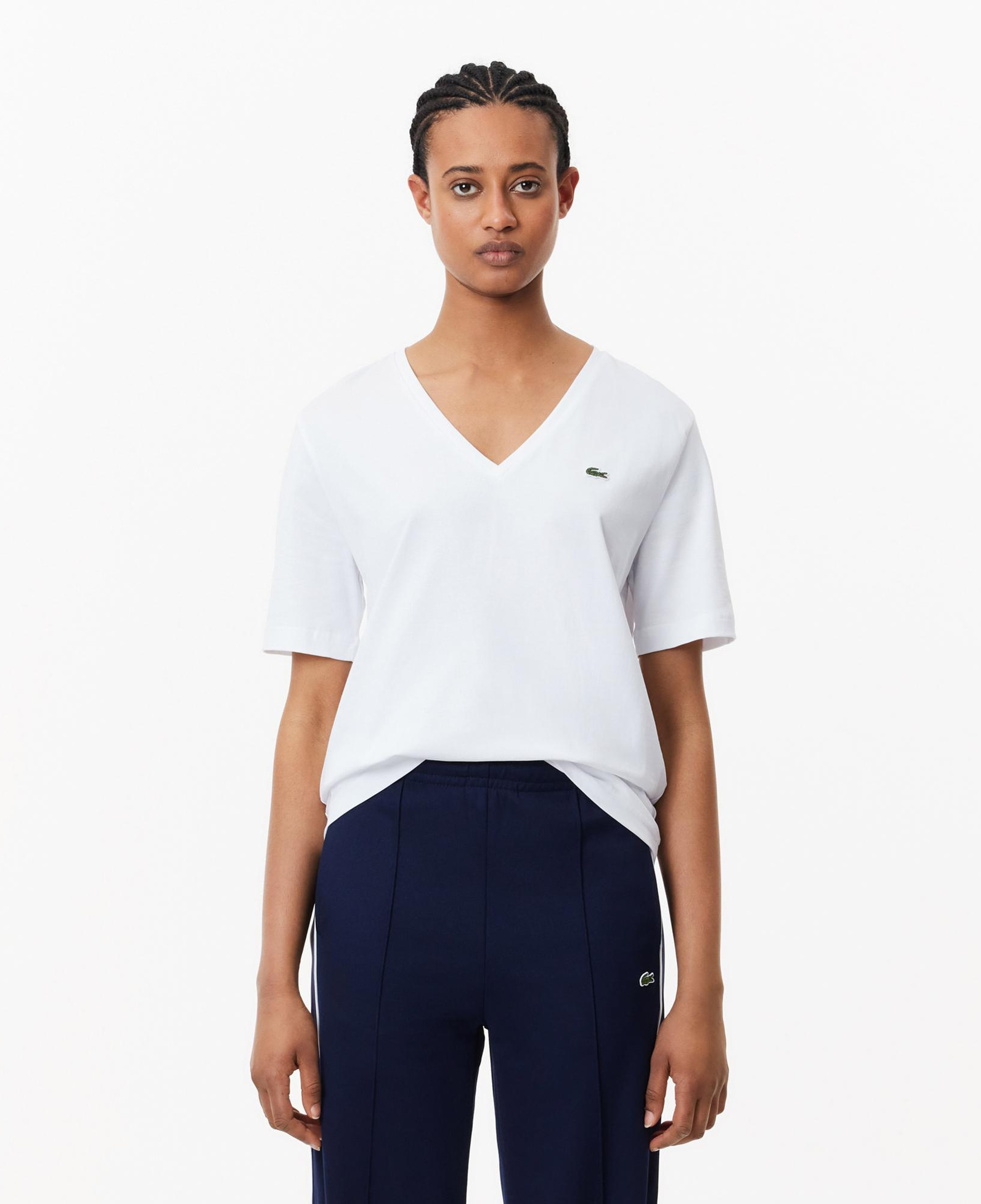 Lacoste Kadın Relaxed Fit V Yaka Beyaz T-Shirt