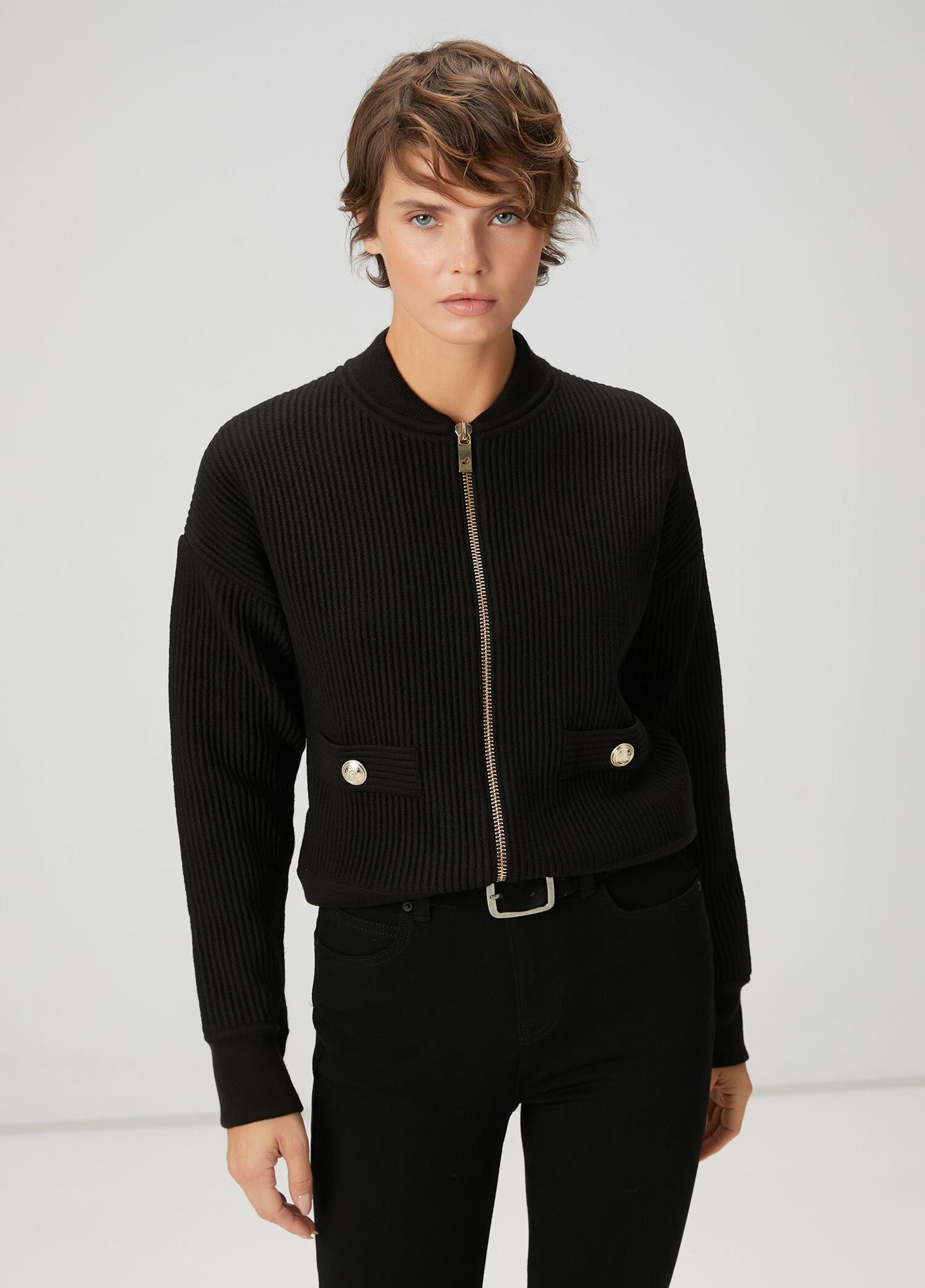 Beymen Club Kadın Siyah Ottoman Dokulu Yün Bomber Ceket