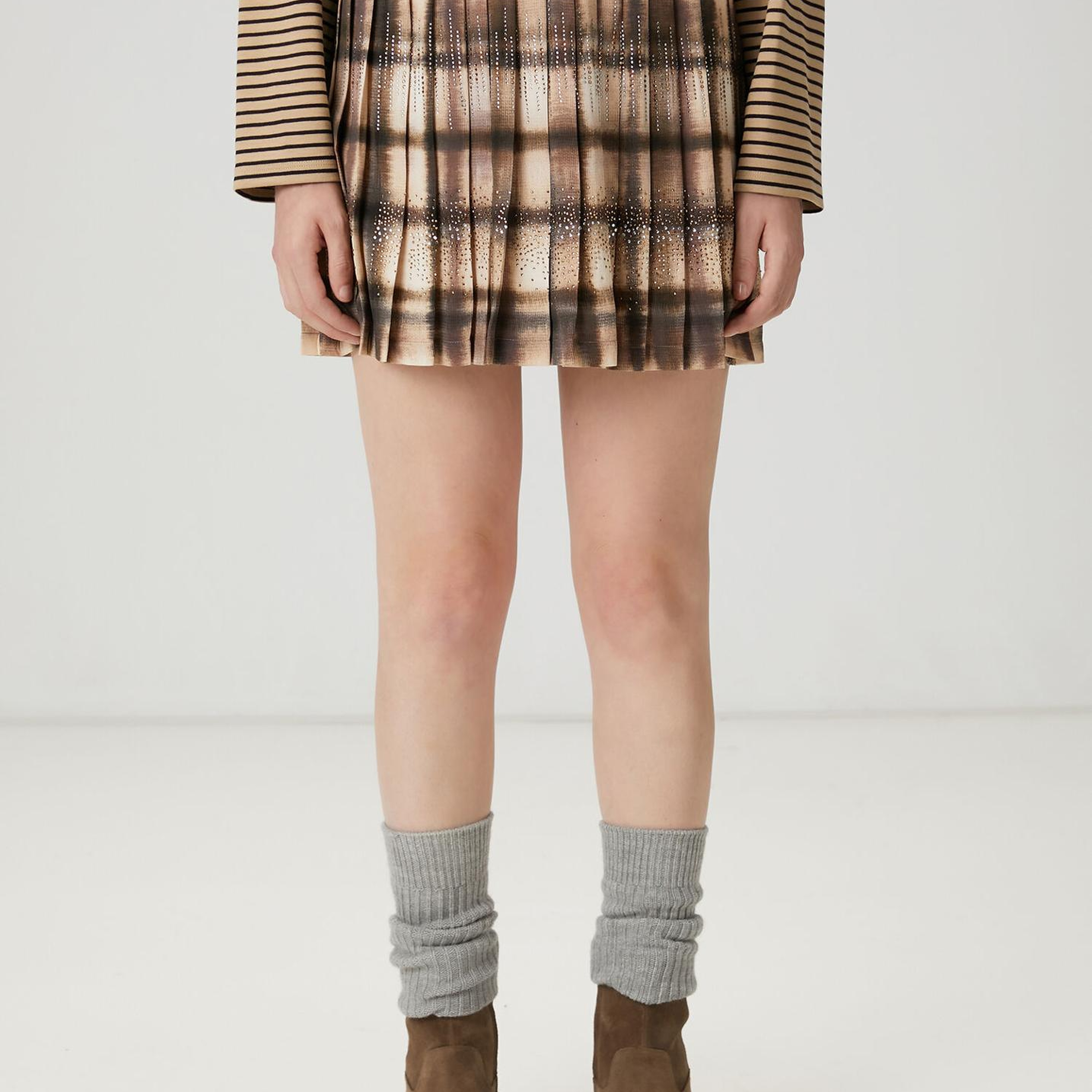 Beymen Club Kadın Koyu Bej Desenli Pileli Mini Etek