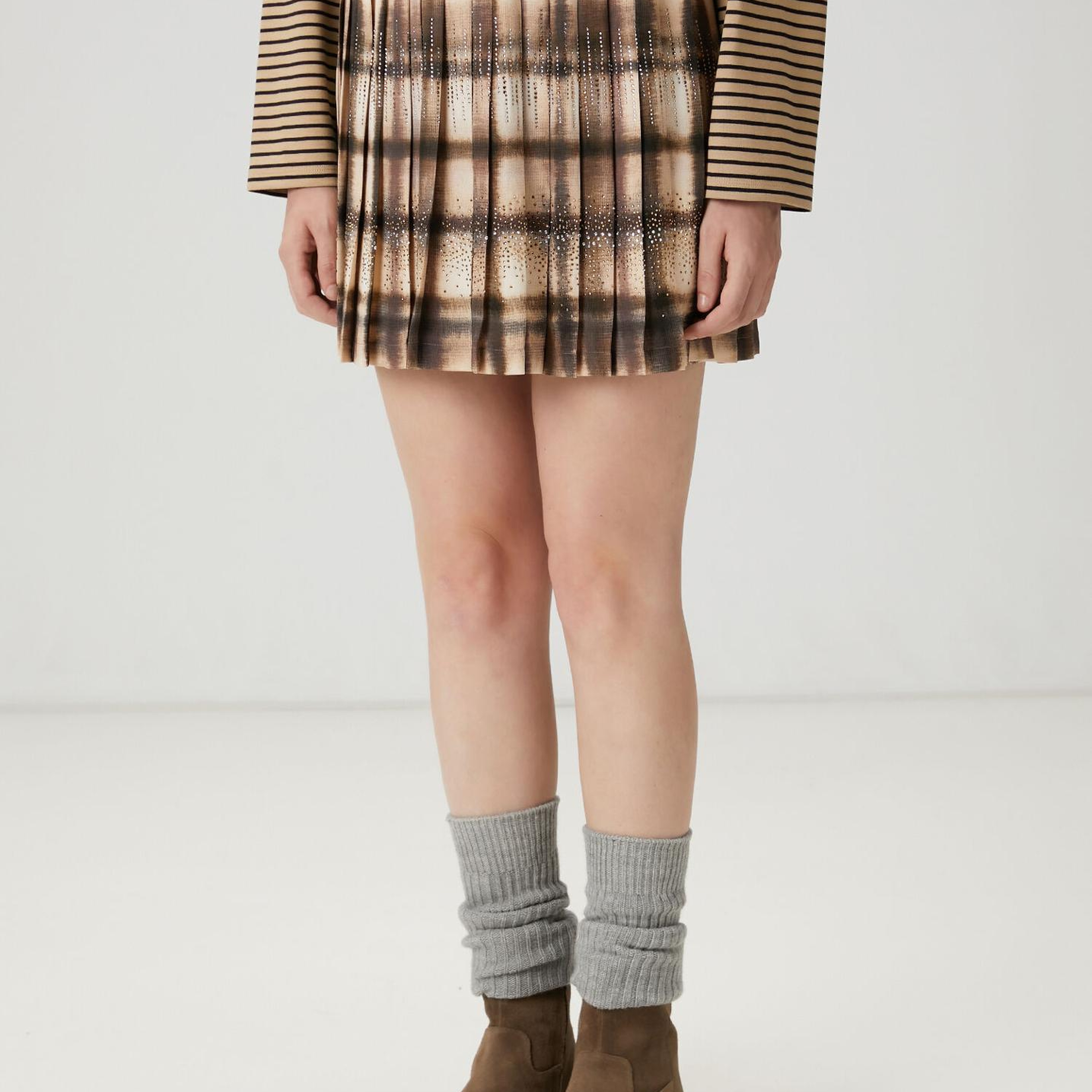 Beymen Club Kadın Koyu Bej Desenli Pileli Mini Etek