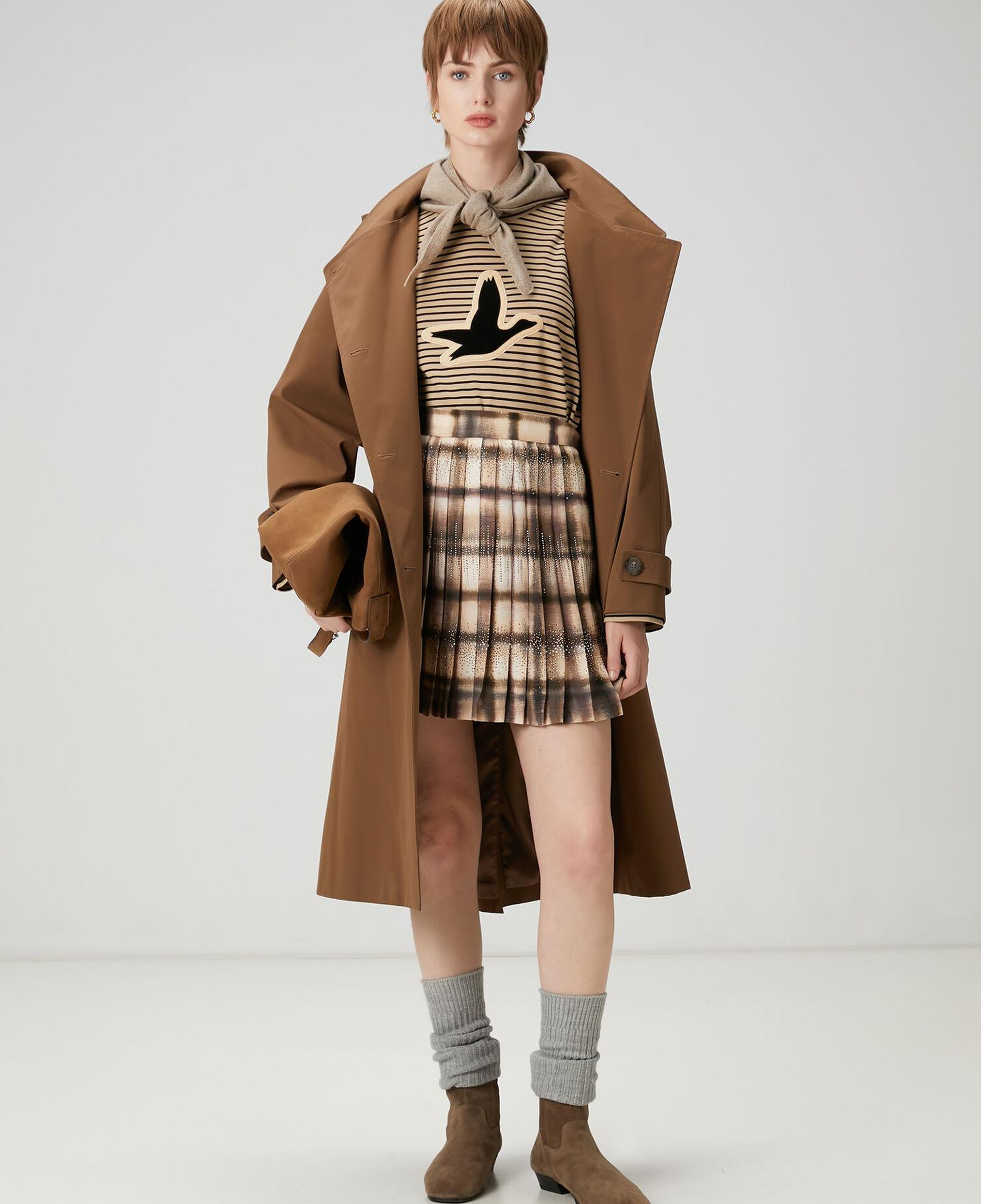 Beymen Club Kadın Koyu Bej Desenli Pileli Mini Etek