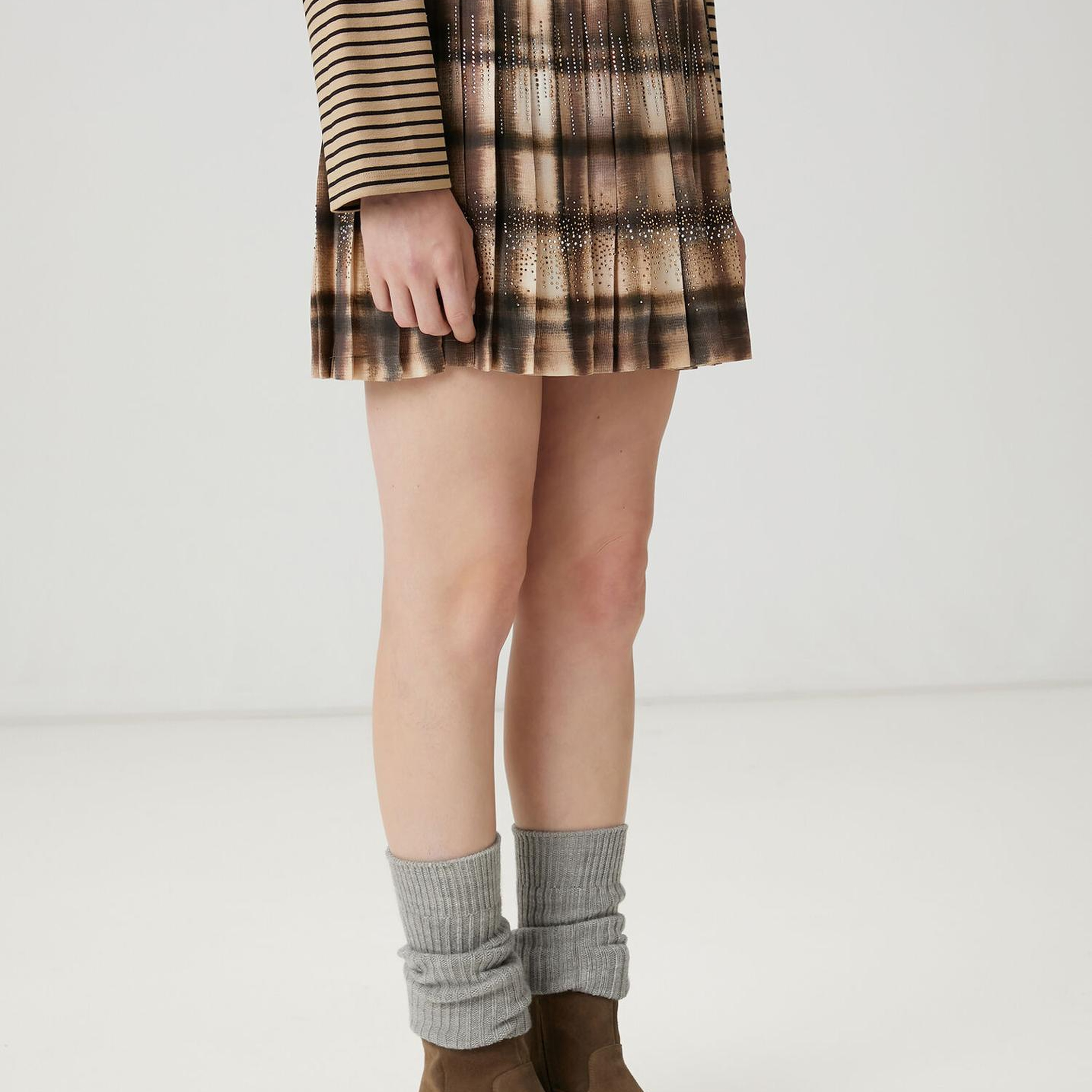 Beymen Club Kadın Koyu Bej Desenli Pileli Mini Etek