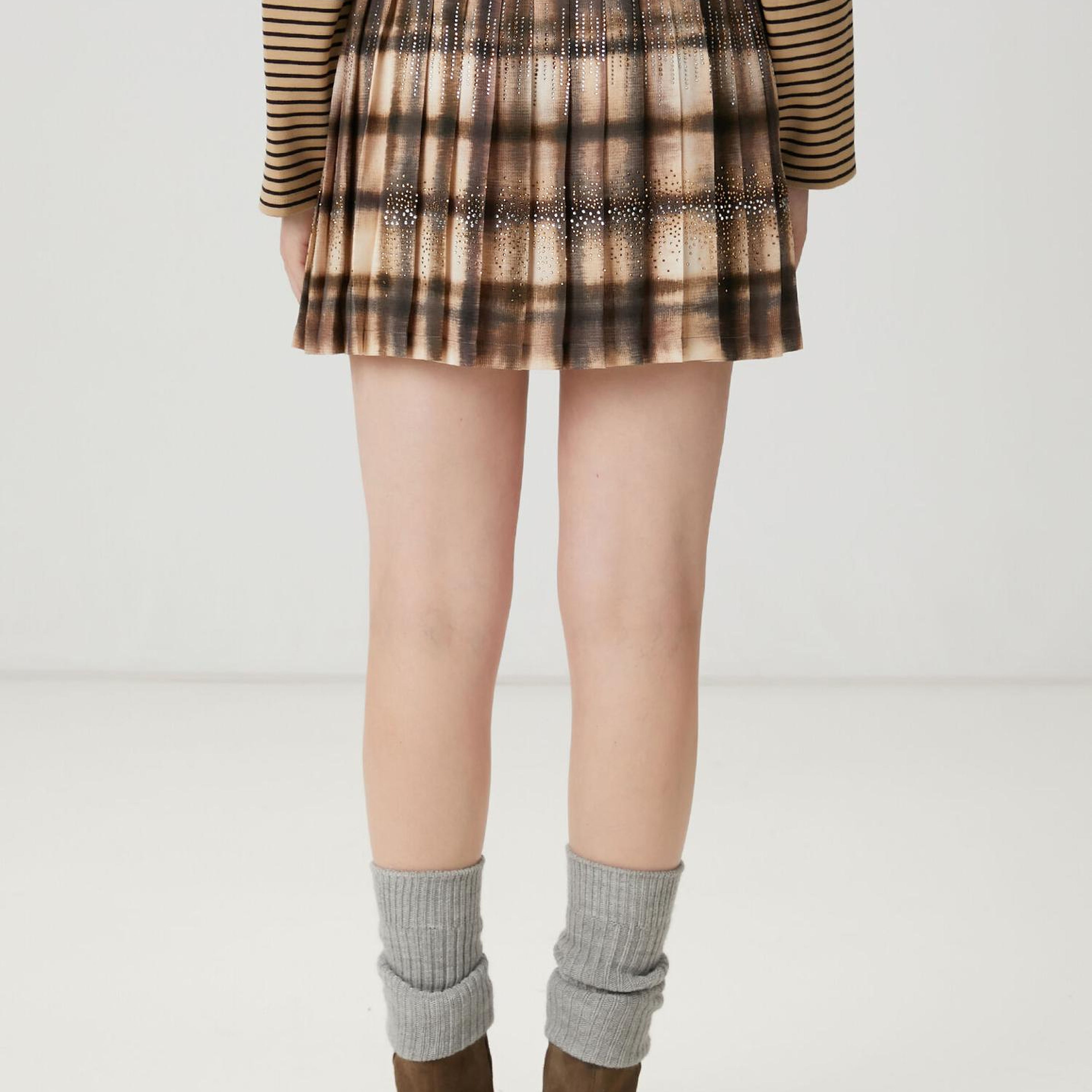 Beymen Club Kadın Koyu Bej Desenli Pileli Mini Etek