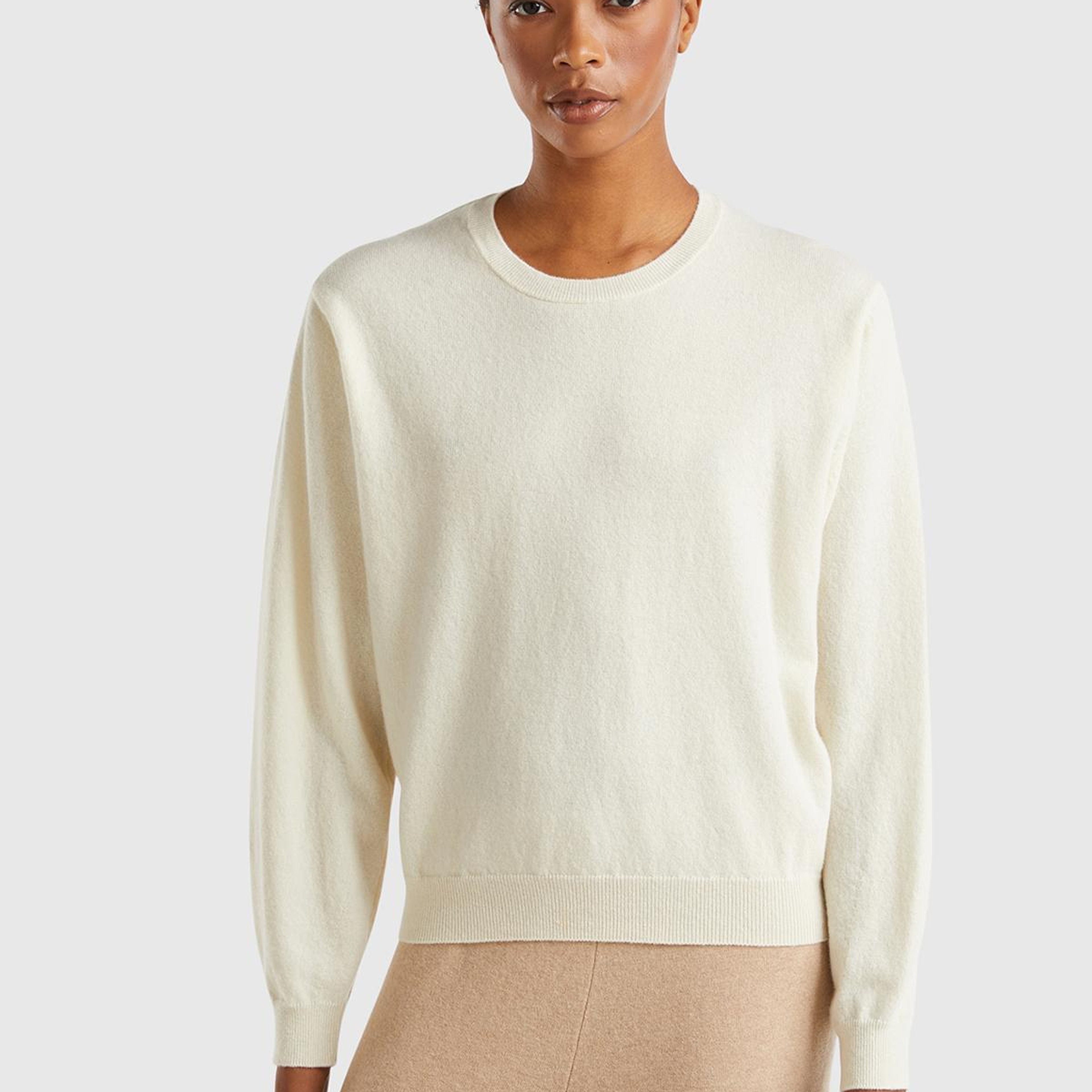 Kadın Krem %100 Merino Ribana Detaylı Bisiklet Yaka Kazak