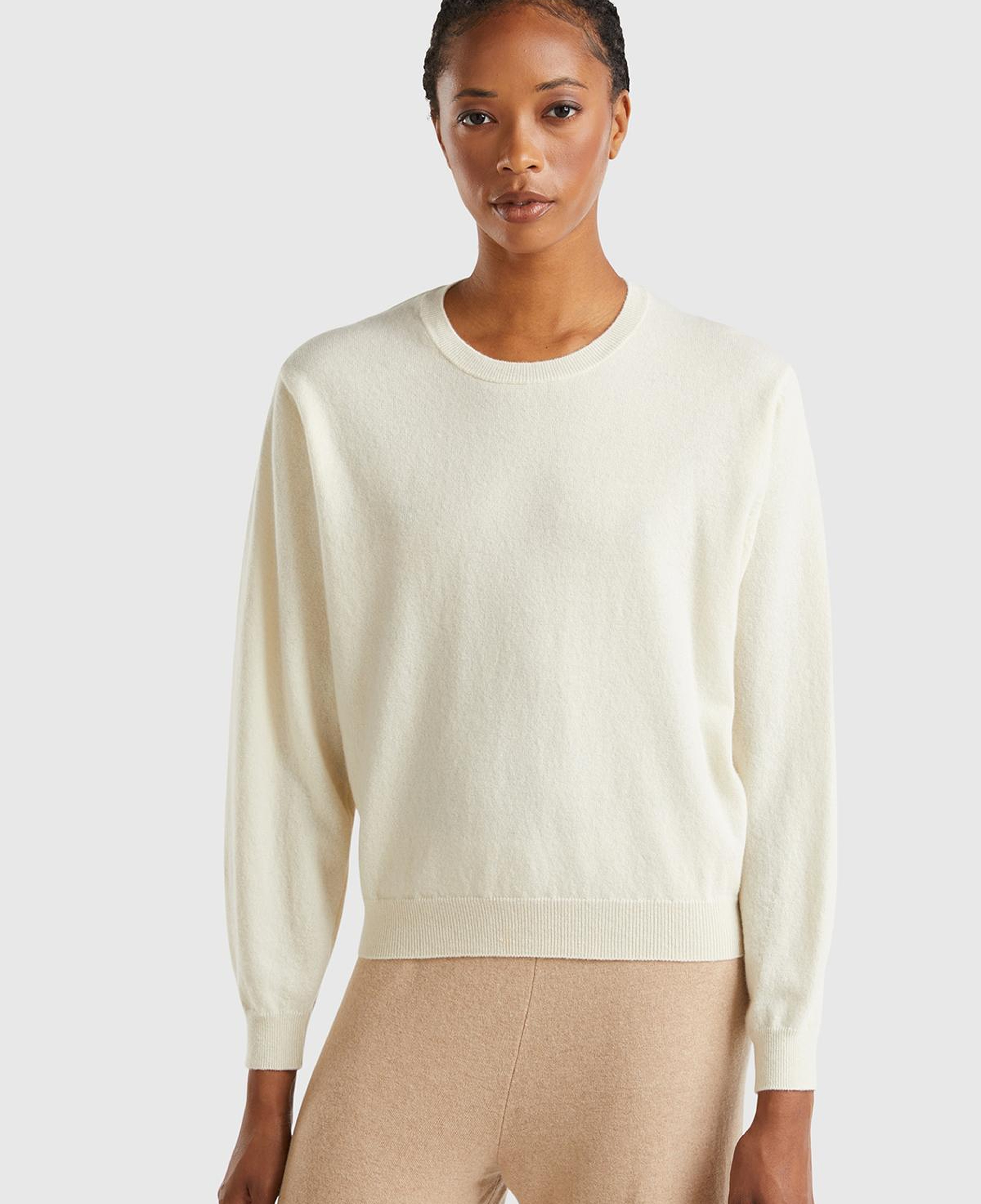 Kadın Krem %100 Merino Ribana Detaylı Bisiklet Yaka Kazak