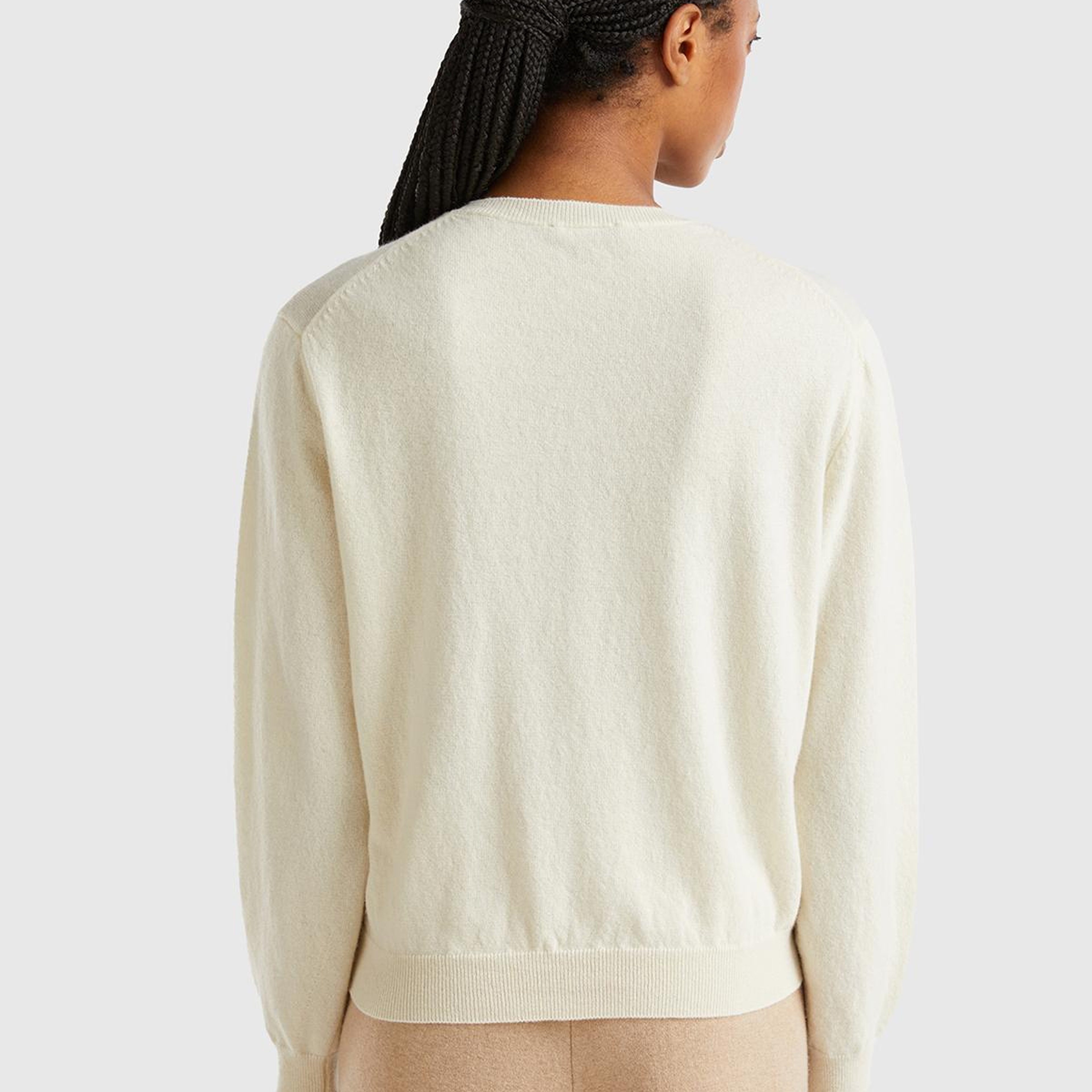 Kadın Krem %100 Merino Ribana Detaylı Bisiklet Yaka Kazak