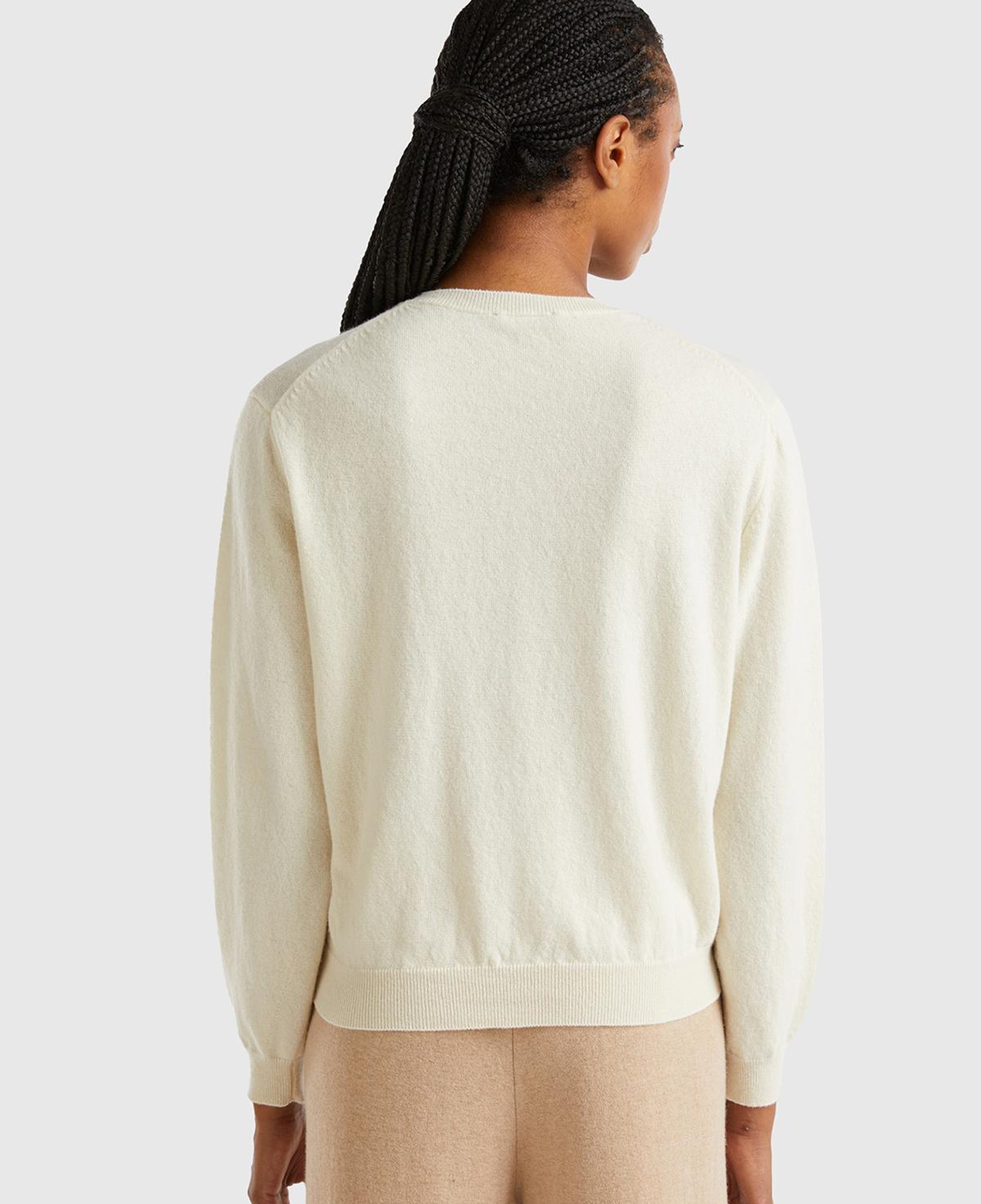 Kadın Krem %100 Merino Ribana Detaylı Bisiklet Yaka Kazak