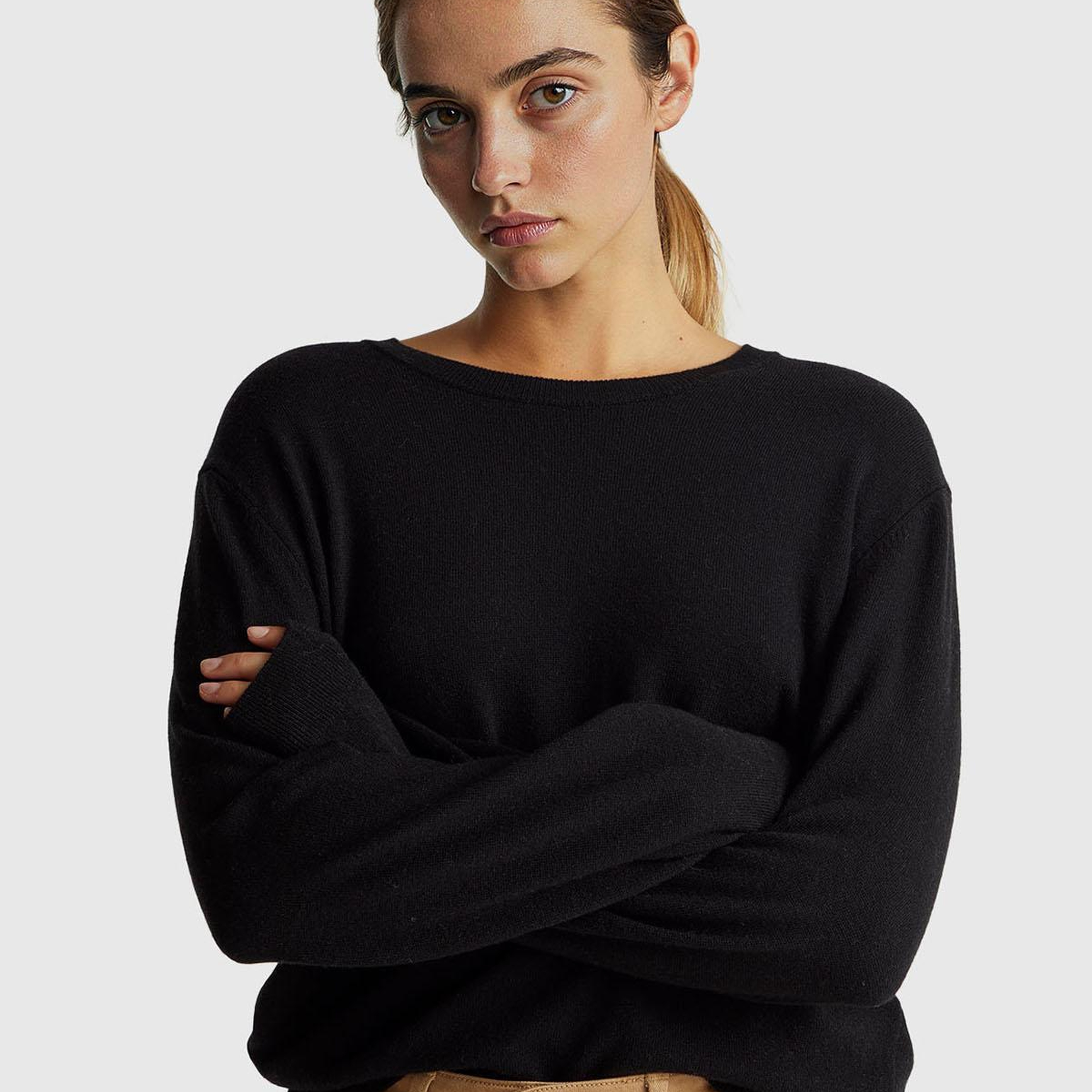 Kadın Siyah %100 Merino Ribana Detaylı Bisiklet Yaka Kazak