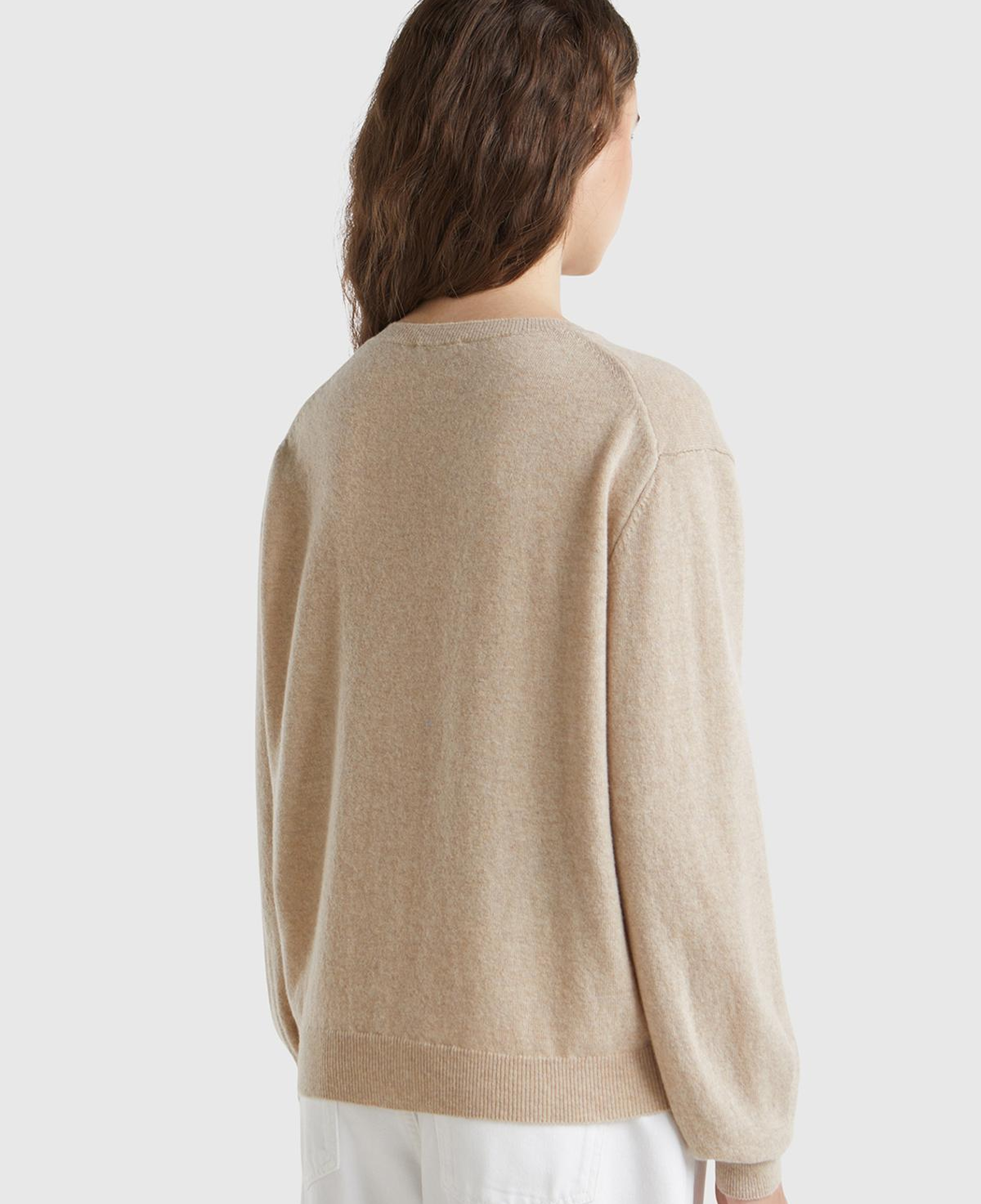 Kadın Ekru %100 Merino Ribana Detaylı Bisiklet Yaka Kazak