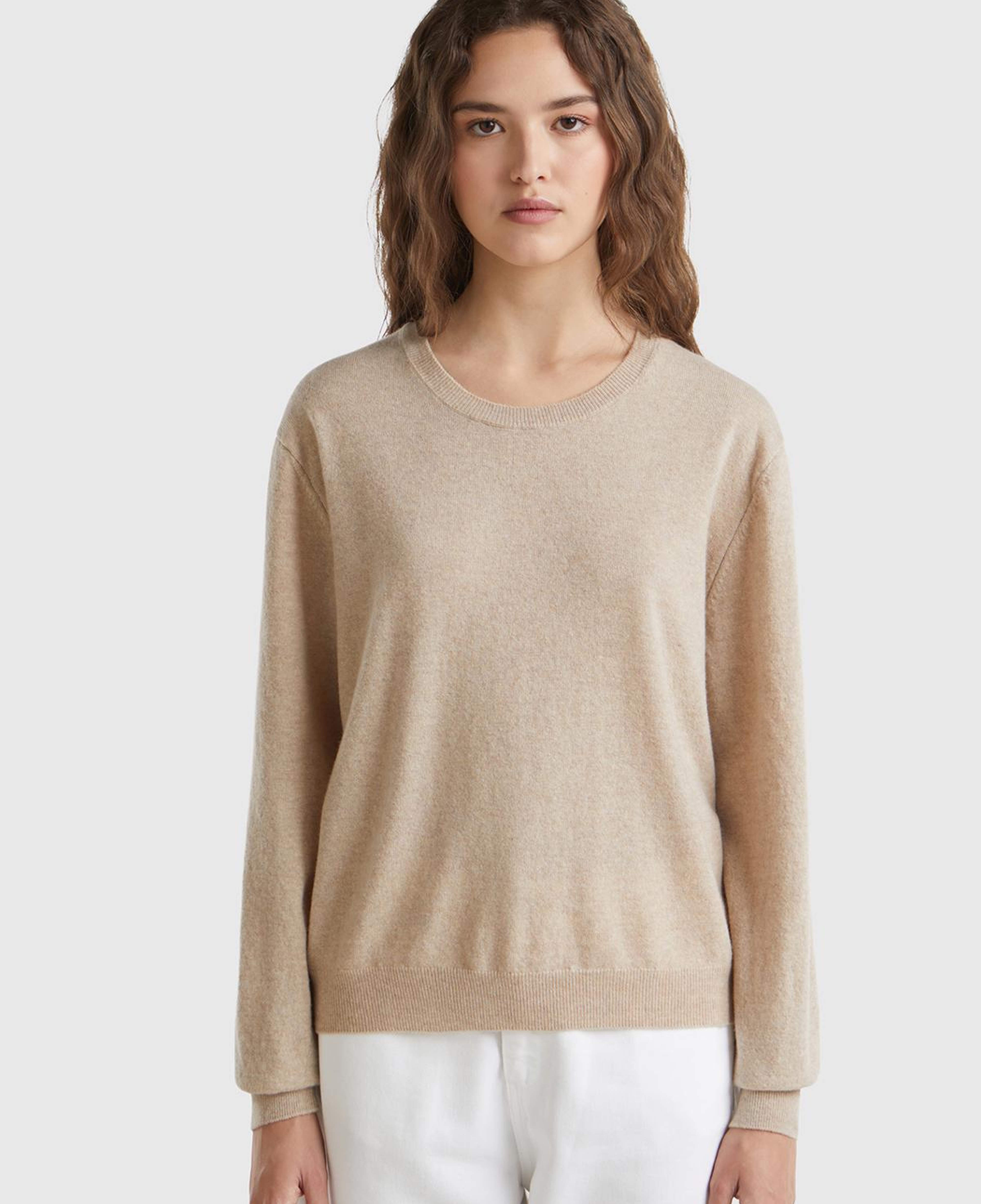 Kadın Ekru %100 Merino Ribana Detaylı Bisiklet Yaka Kazak