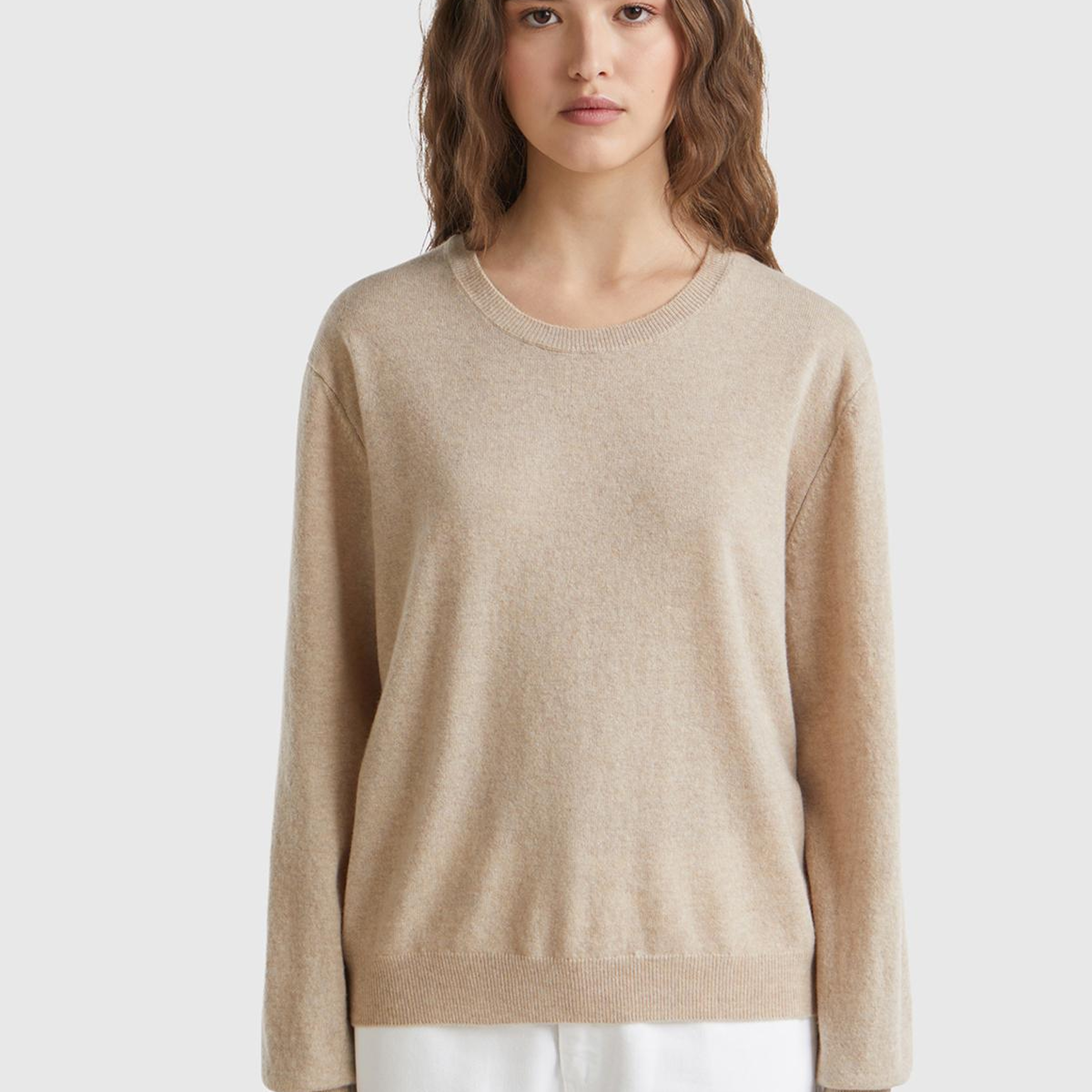 Kadın Ekru %100 Merino Ribana Detaylı Bisiklet Yaka Kazak