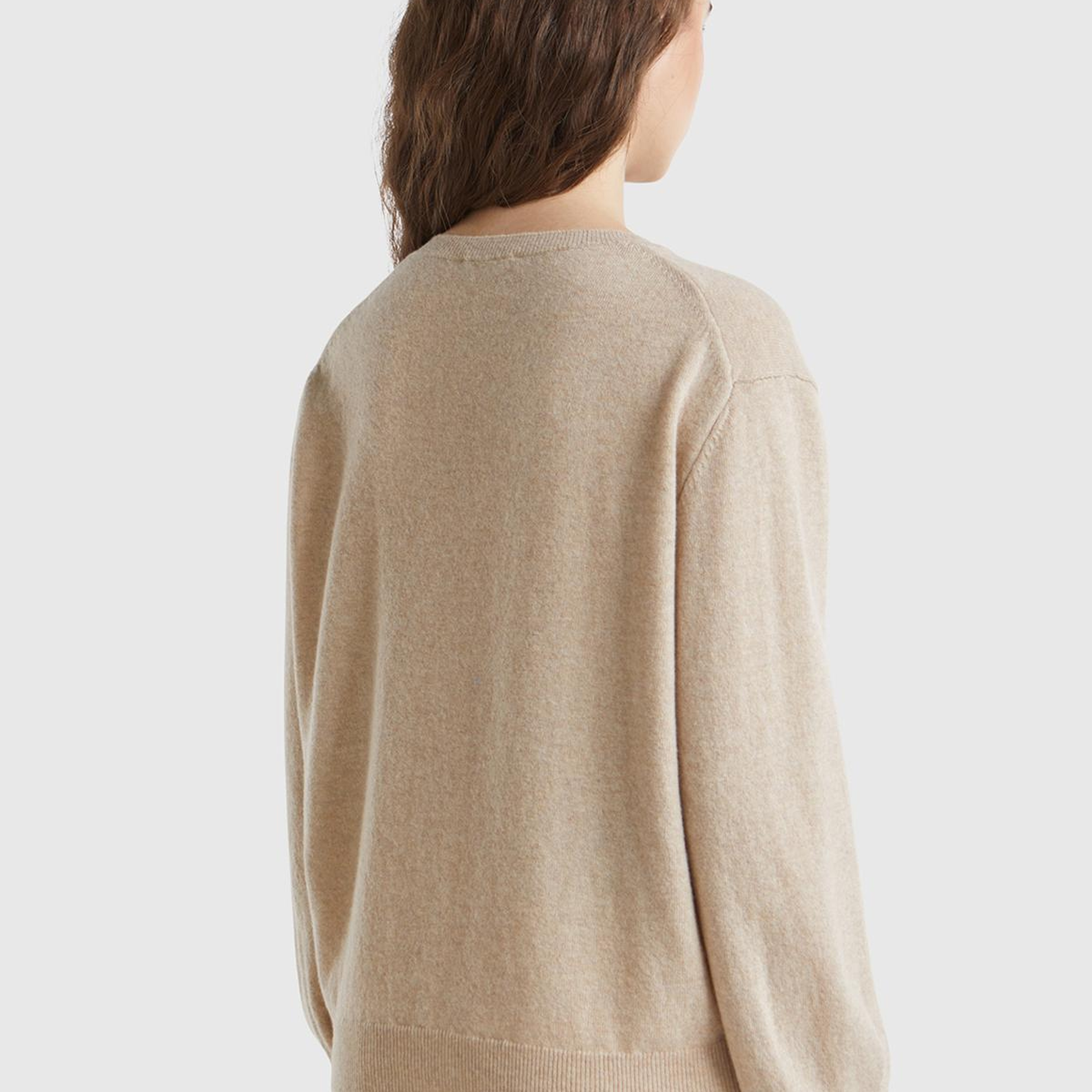 Kadın Ekru %100 Merino Ribana Detaylı Bisiklet Yaka Kazak