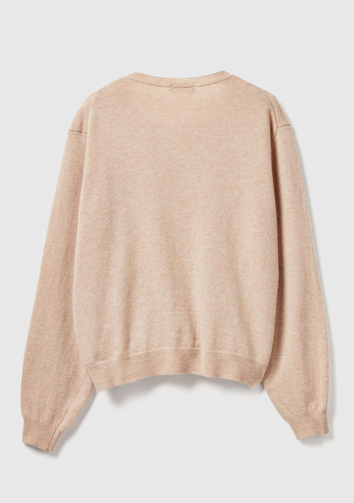 Kadın Ekru %100 Merino Ribana Detaylı Bisiklet Yaka Kazak