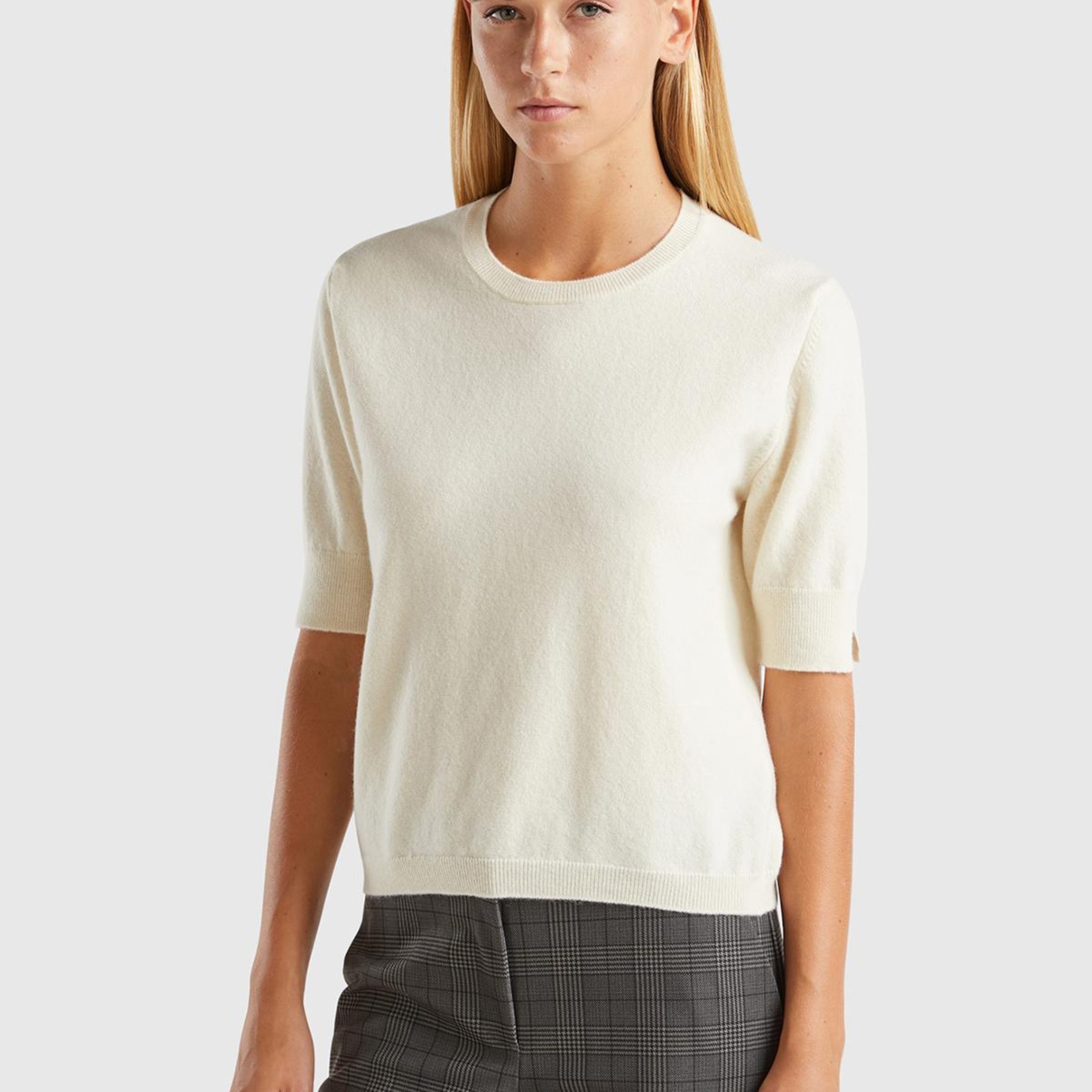 Kadın Krem %100 Merino Bisiklet Yaka  Kısa Kollu Kazak