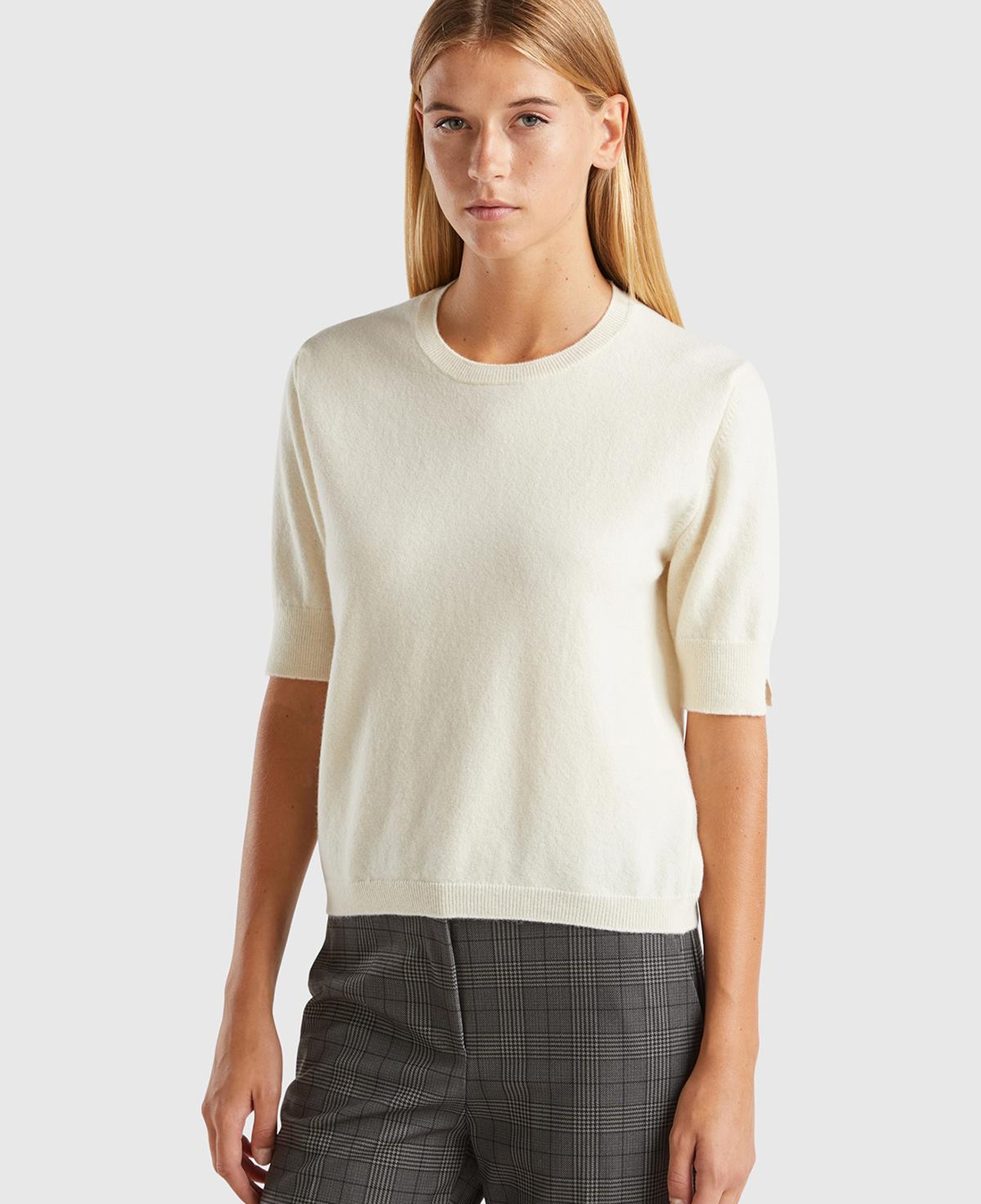 Kadın Krem %100 Merino Bisiklet Yaka  Kısa Kollu Kazak