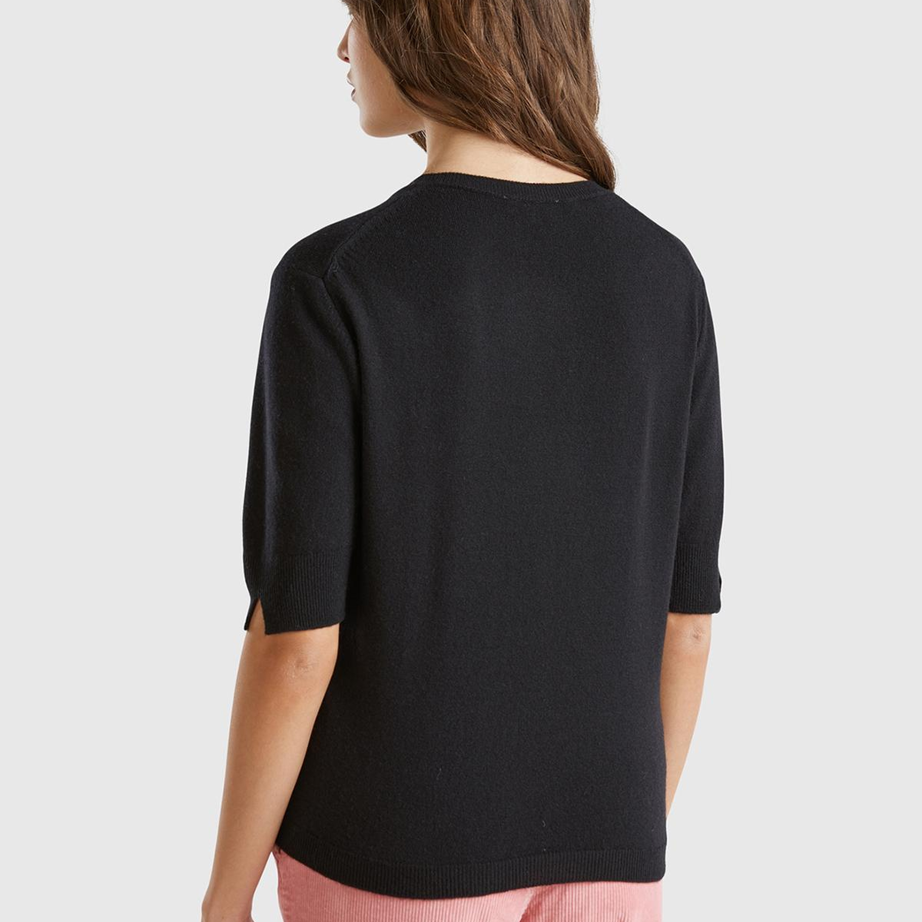 Kadın Siyah %100 Merino Bisiklet Yaka Kısa Kollu Kazak