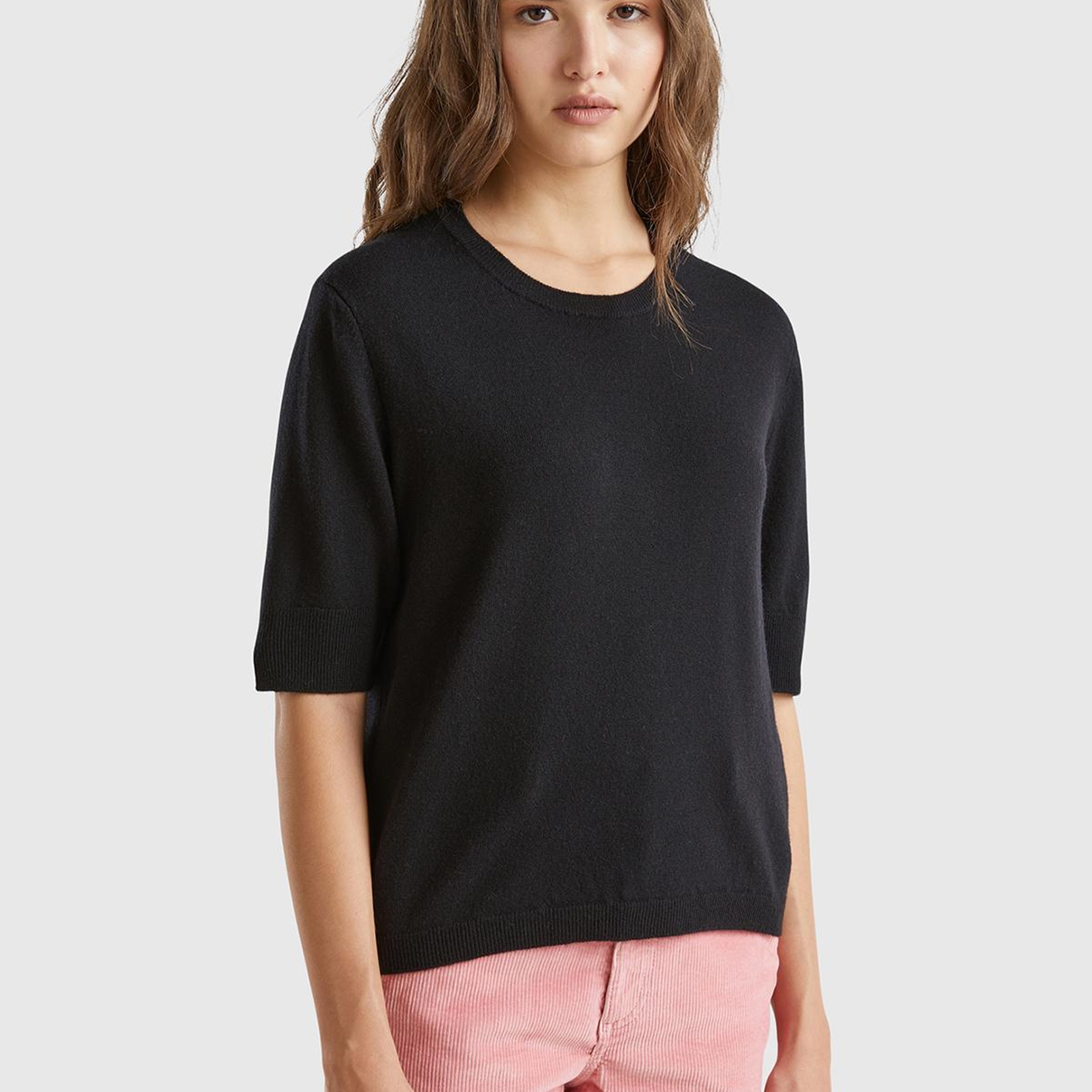 Kadın Siyah %100 Merino Bisiklet Yaka  Kısa Kollu Kazak